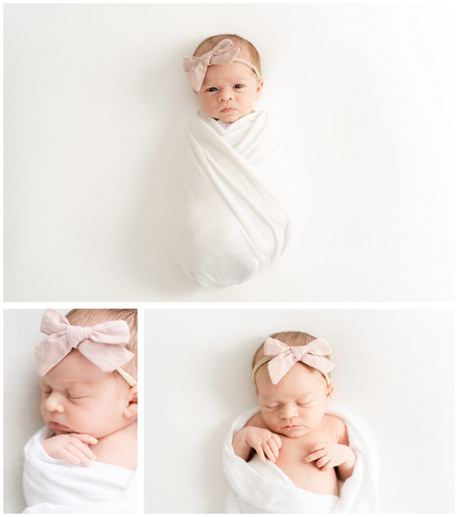 Wrapped Studio Atlanta Newborn Photography baby in white wrap with pink bow by Lindsey Powell Photography
