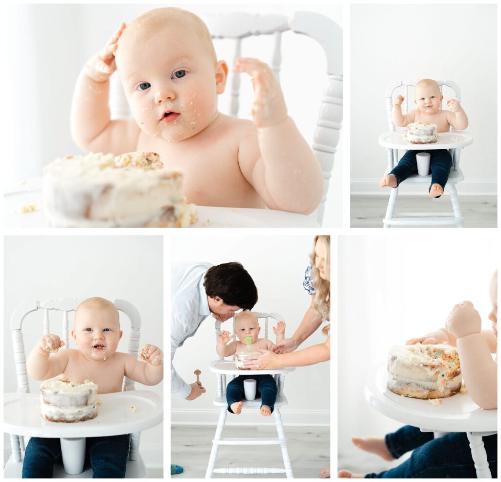 Baby in high chair for cake smash at  Atlanta First Birthday Photo Session in Marietta Studio by Lindsey Powell Photography