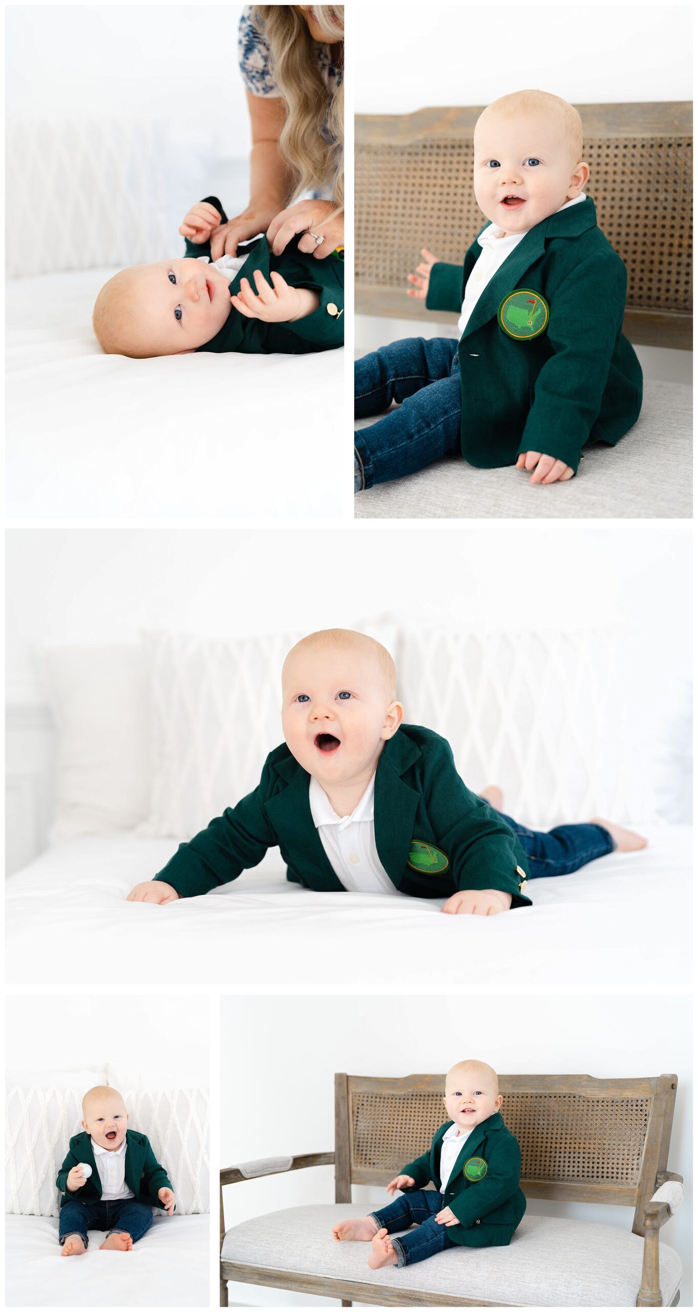 Baby in Master jacket on bench and bad at Atlanta Milestone Photo Session in Marietta Studio by Lindsey Powell Photography
