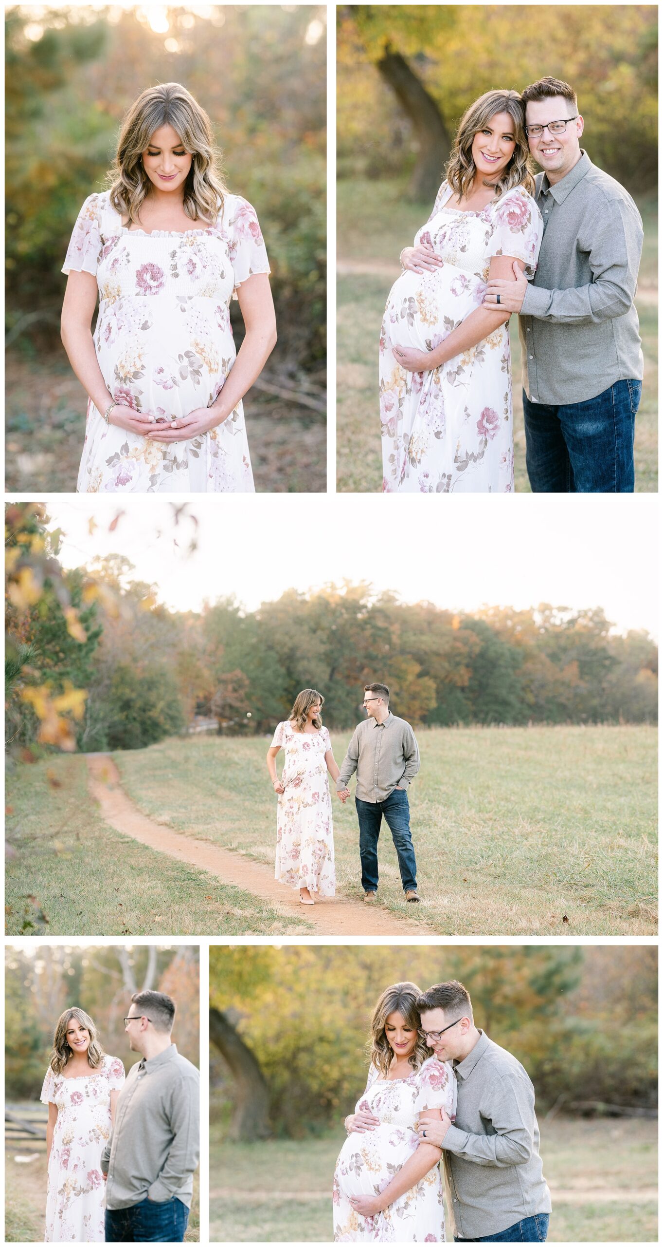 couple in field walking and looking at each other for session with Marietta Maternity Photographer Lindsey Powell Photography