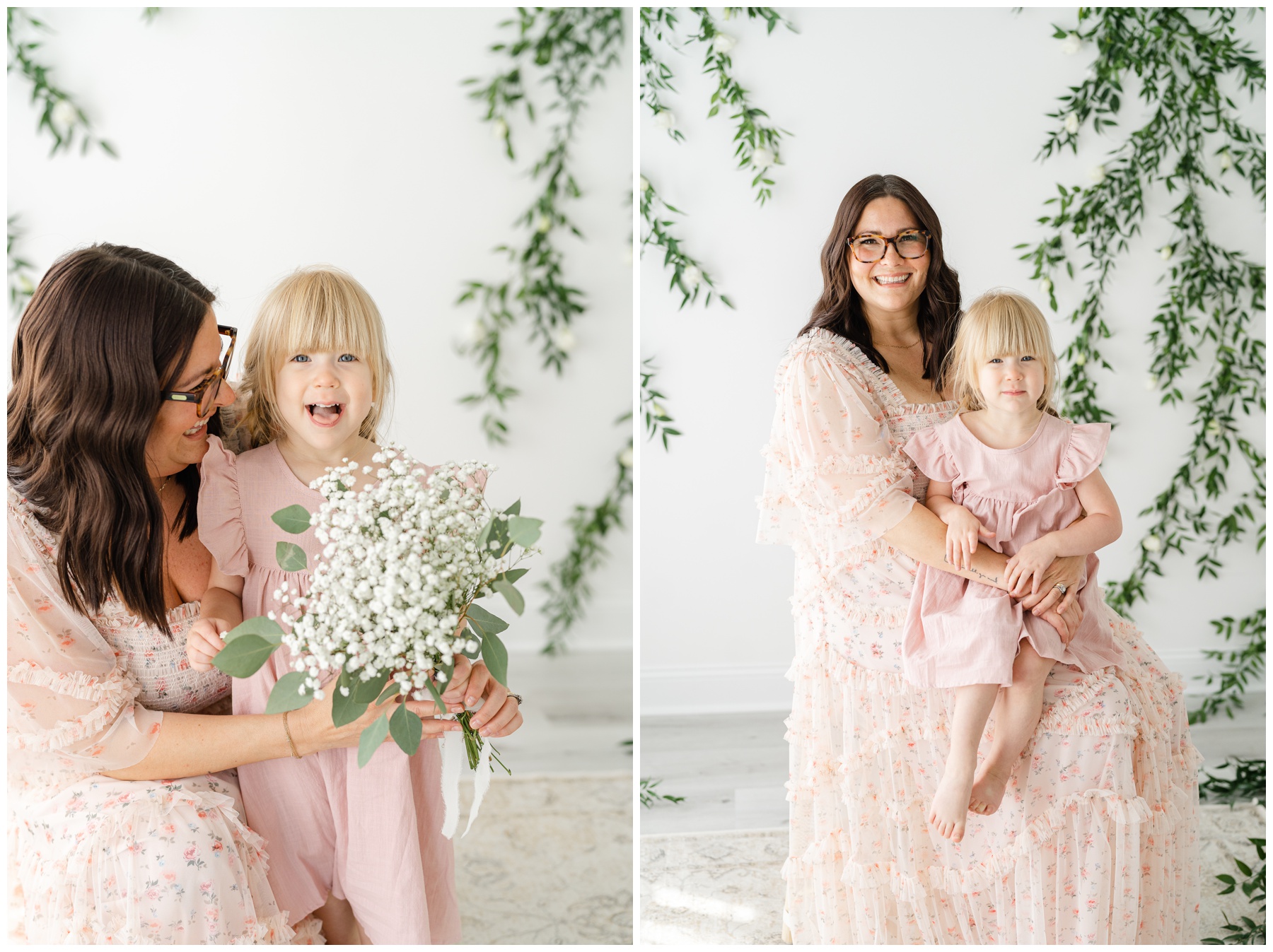 Two photos of a mother in a dress holding her young daughter for a portrait.