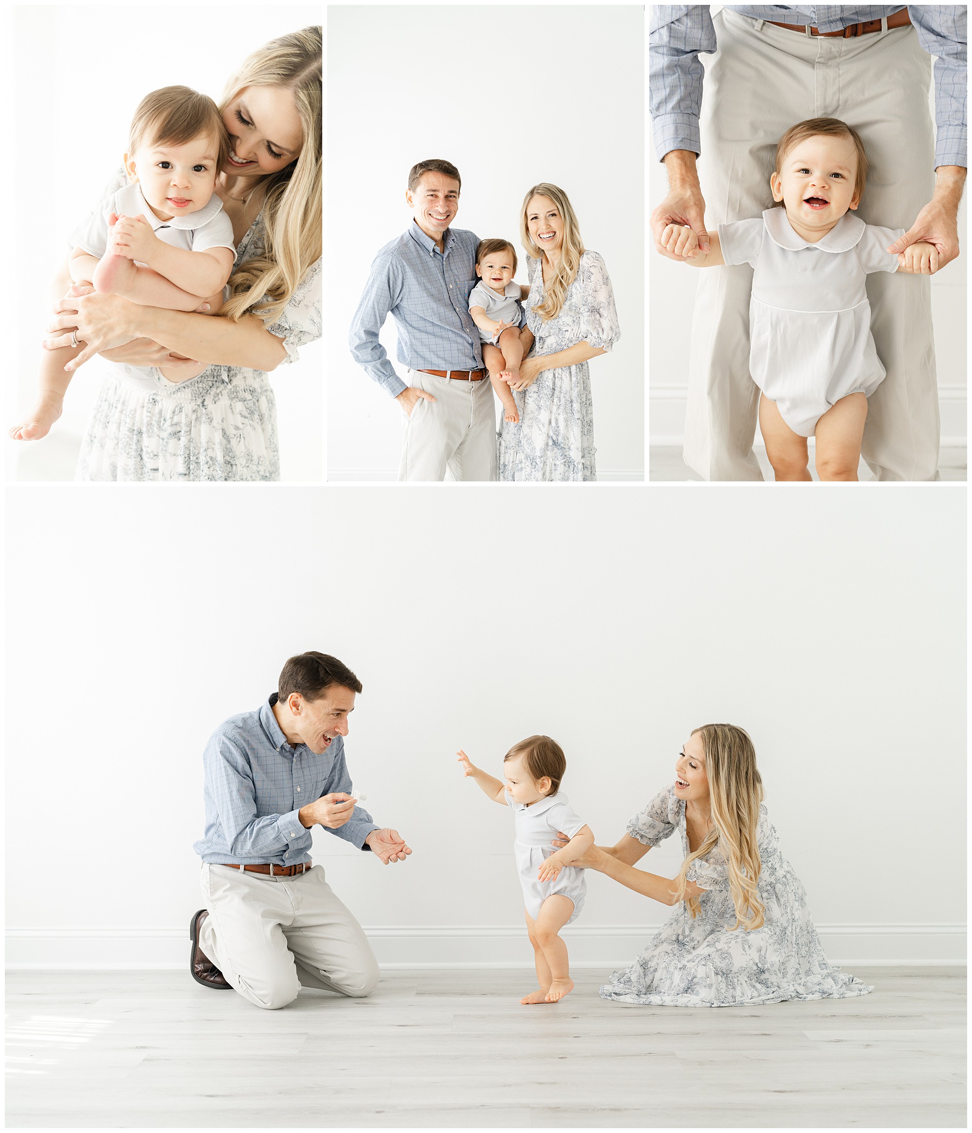 Three photo collage of parents with their one year old son posing for portratis.