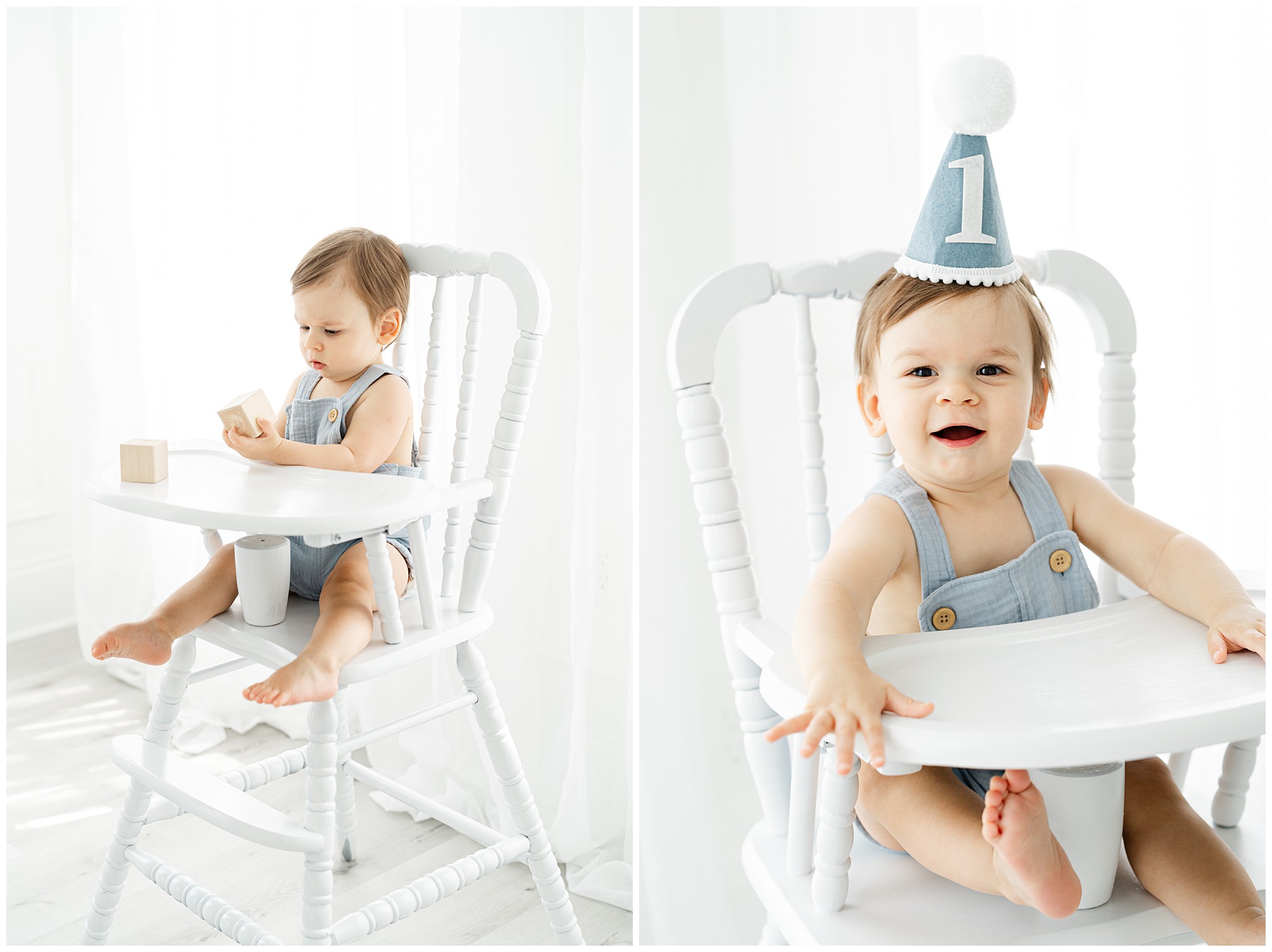Two photos of a baby boy in a high chair and party hat during an Atlanta cake smash photo session.