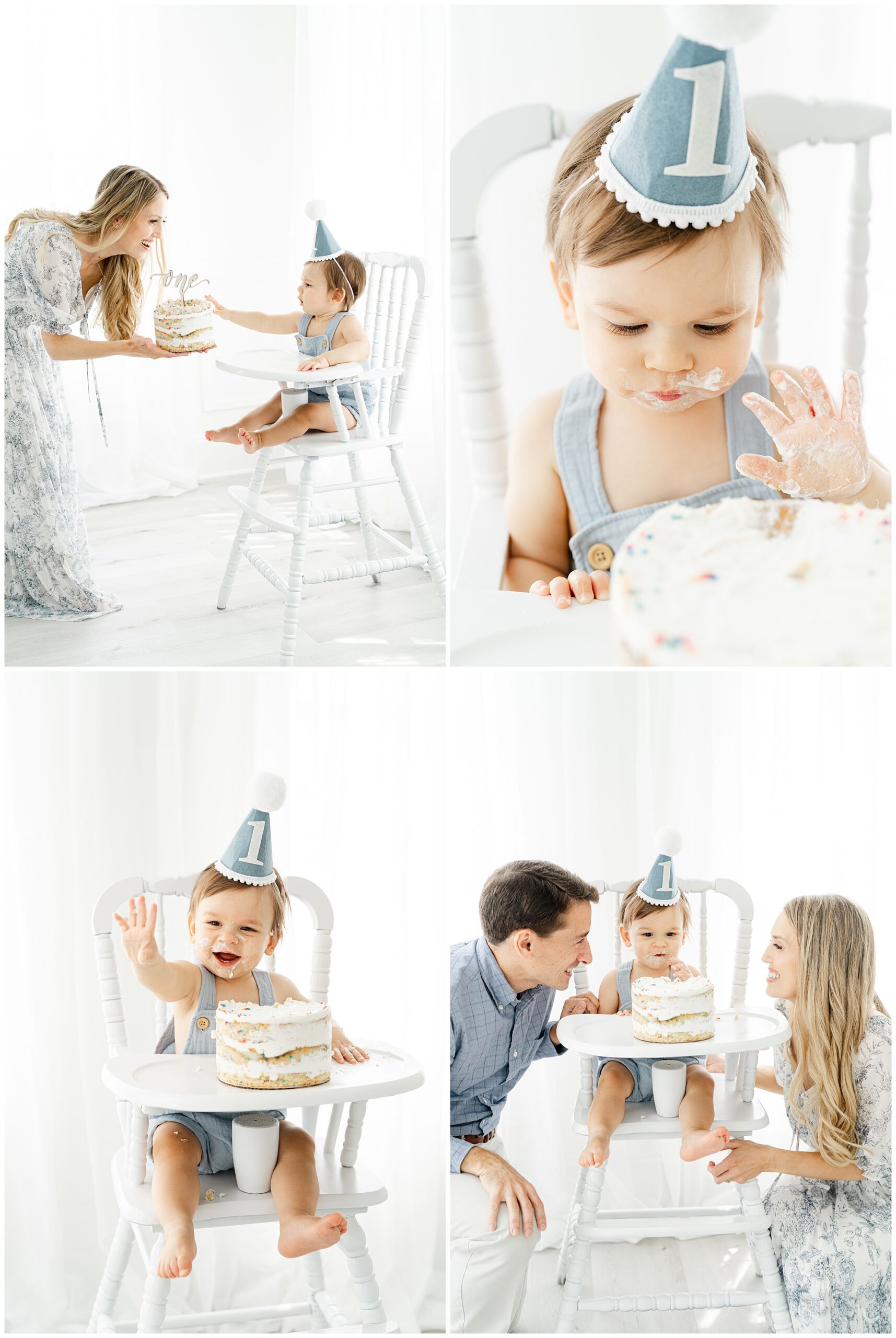 Four images showing portraits of a baby eating a white cake for his Atlanta cake smash photos.