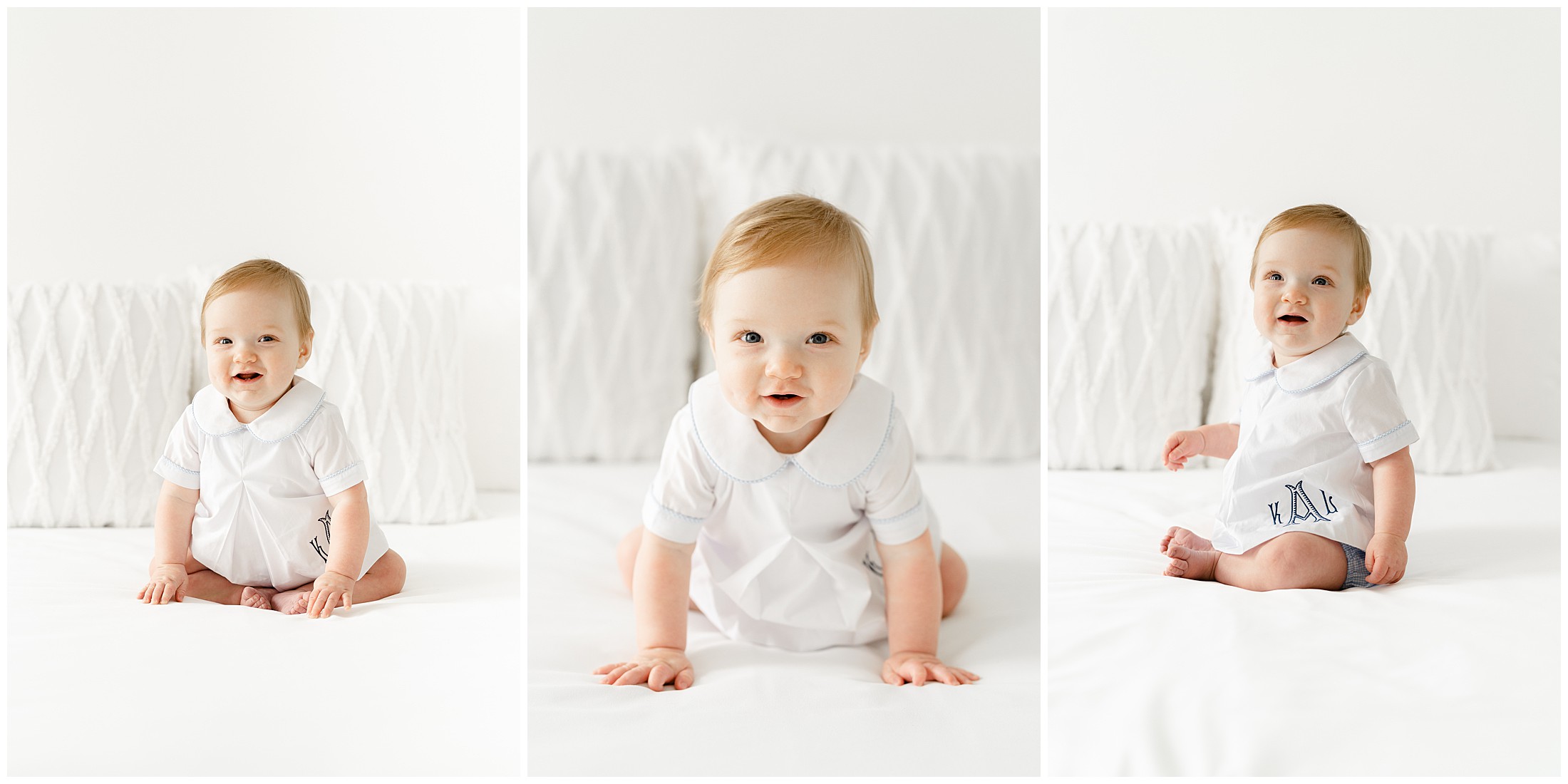 Three photos of a baby sitting for portraits.