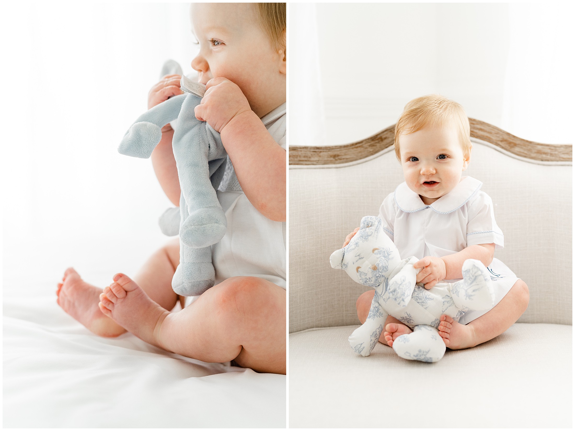 Two photos of a baby sitting and holding a small blue stuffed bear.
