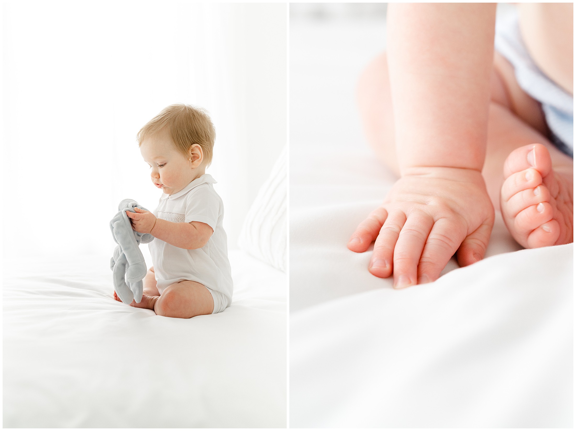 A photo of a baby sitting and looking at a stuffed bear and a close up photo of a baby's hand.
