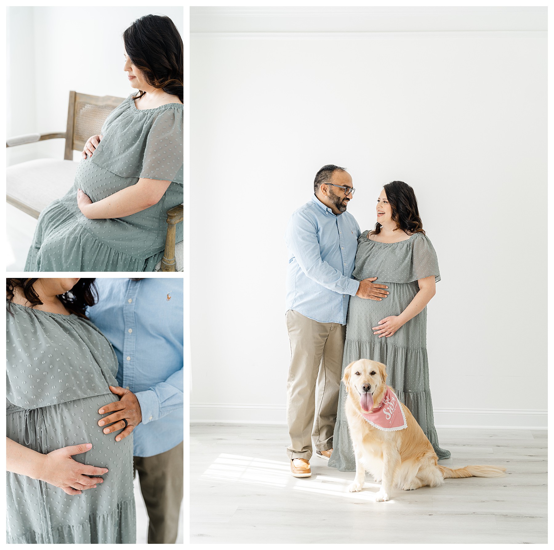 Three photos of an expectant mother posing with her husband and dog to showcase her pregnancy for a photo session.