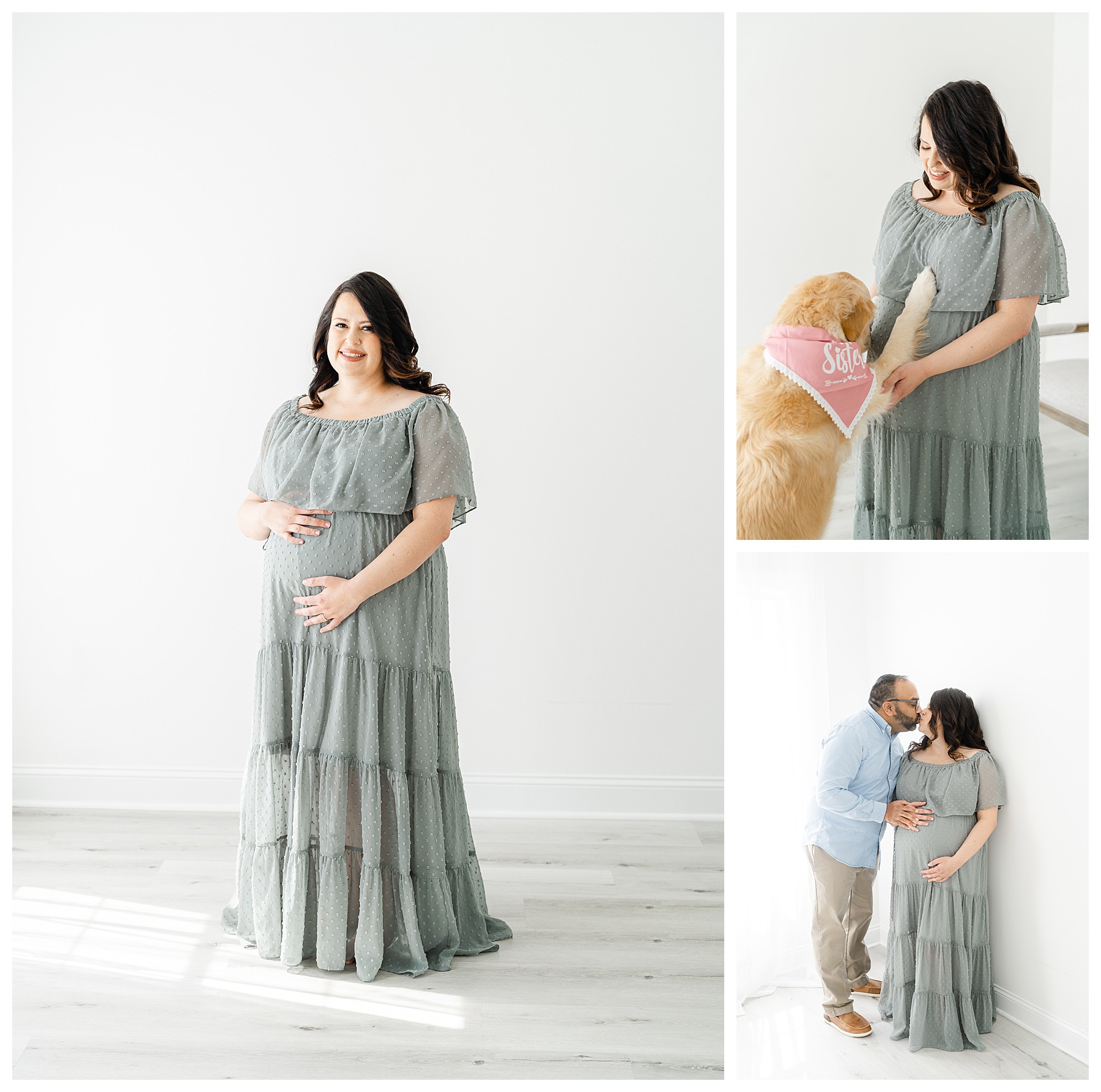 Three portraits of a pregnant woman in a long dress posing for maternity photos.