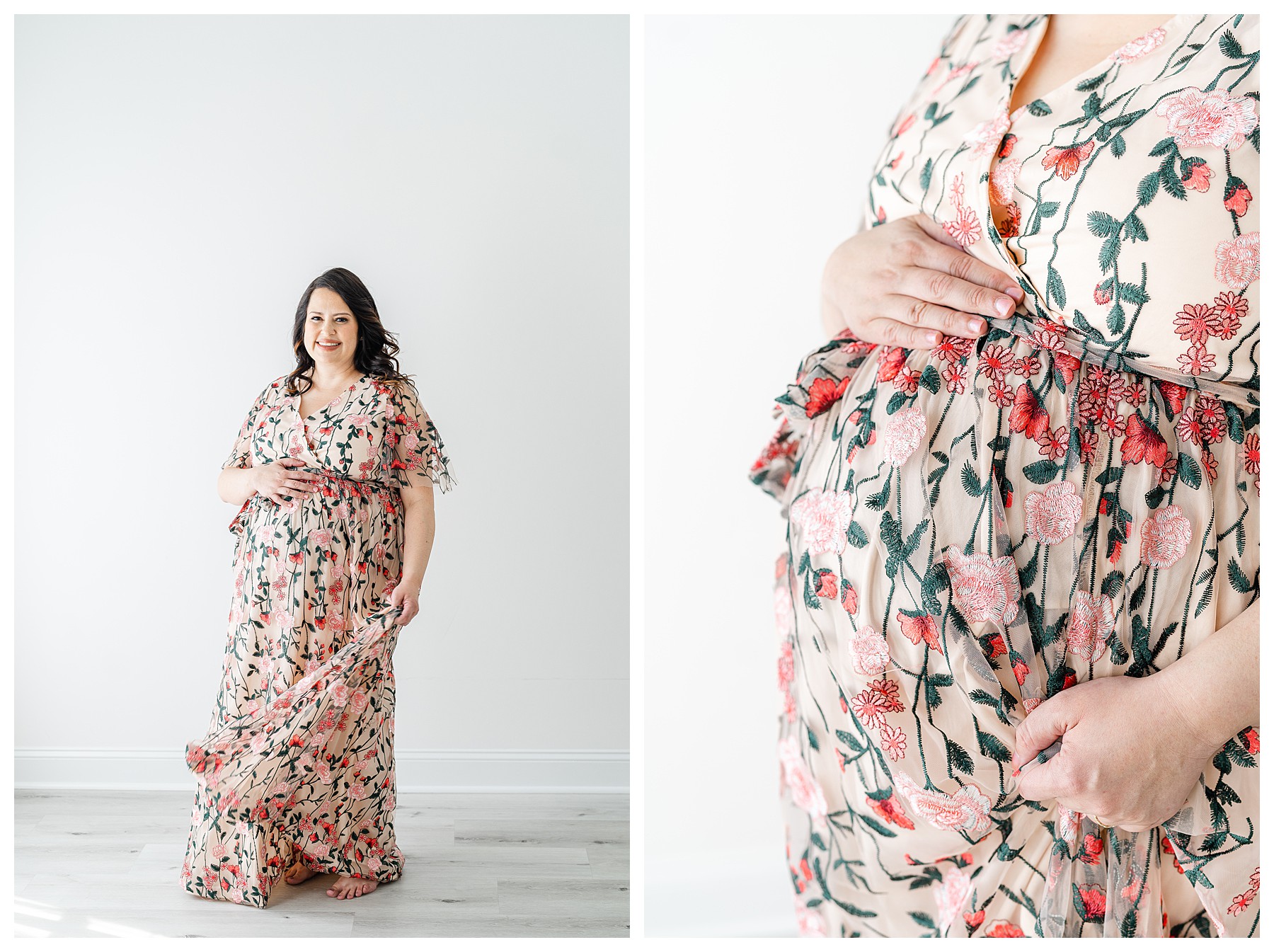 Pregnant mother wearing a floral dress for Atlanta maternity photography session.