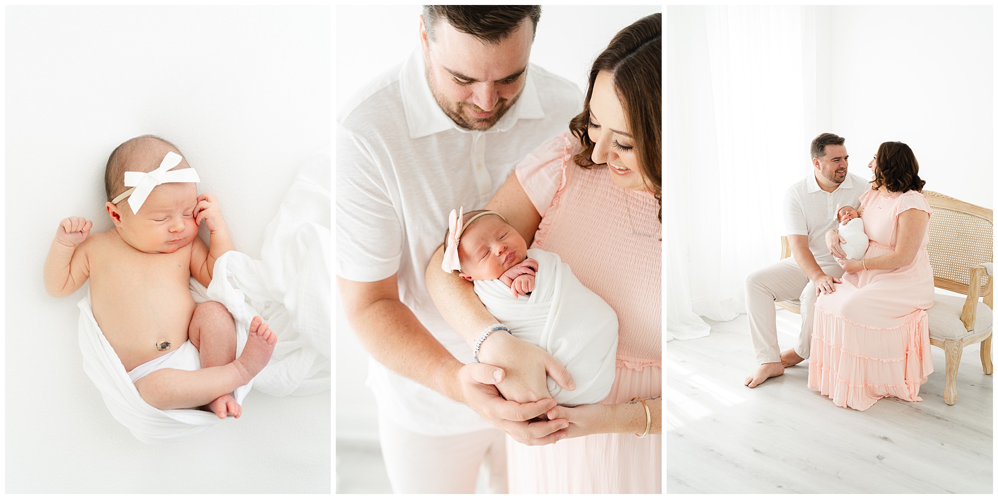 A collage of three photos of new parents with their baby during a Marietta newborn session.