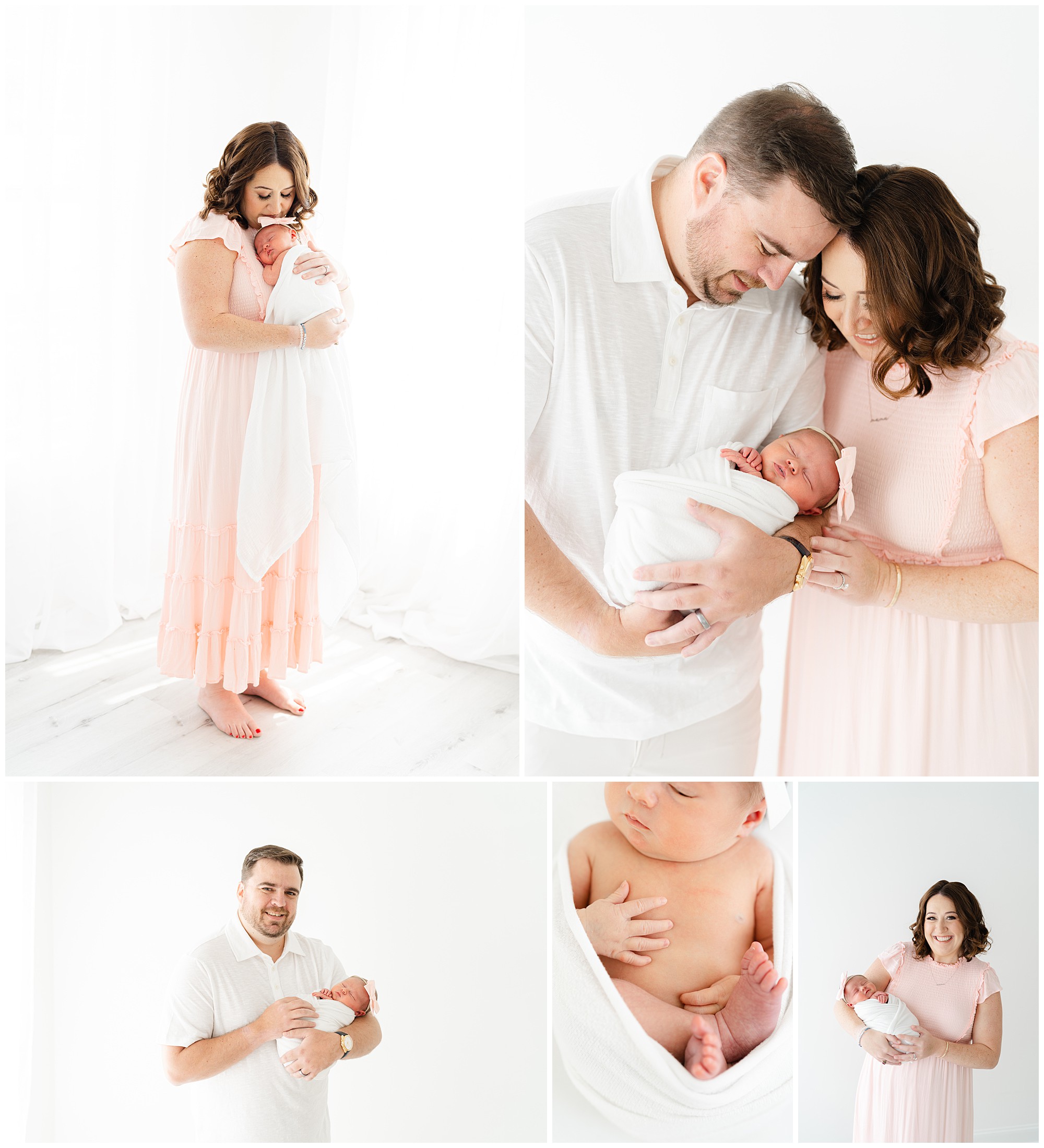 Five images together showing parents and their baby girl during a newborn photo session in a white studio space.