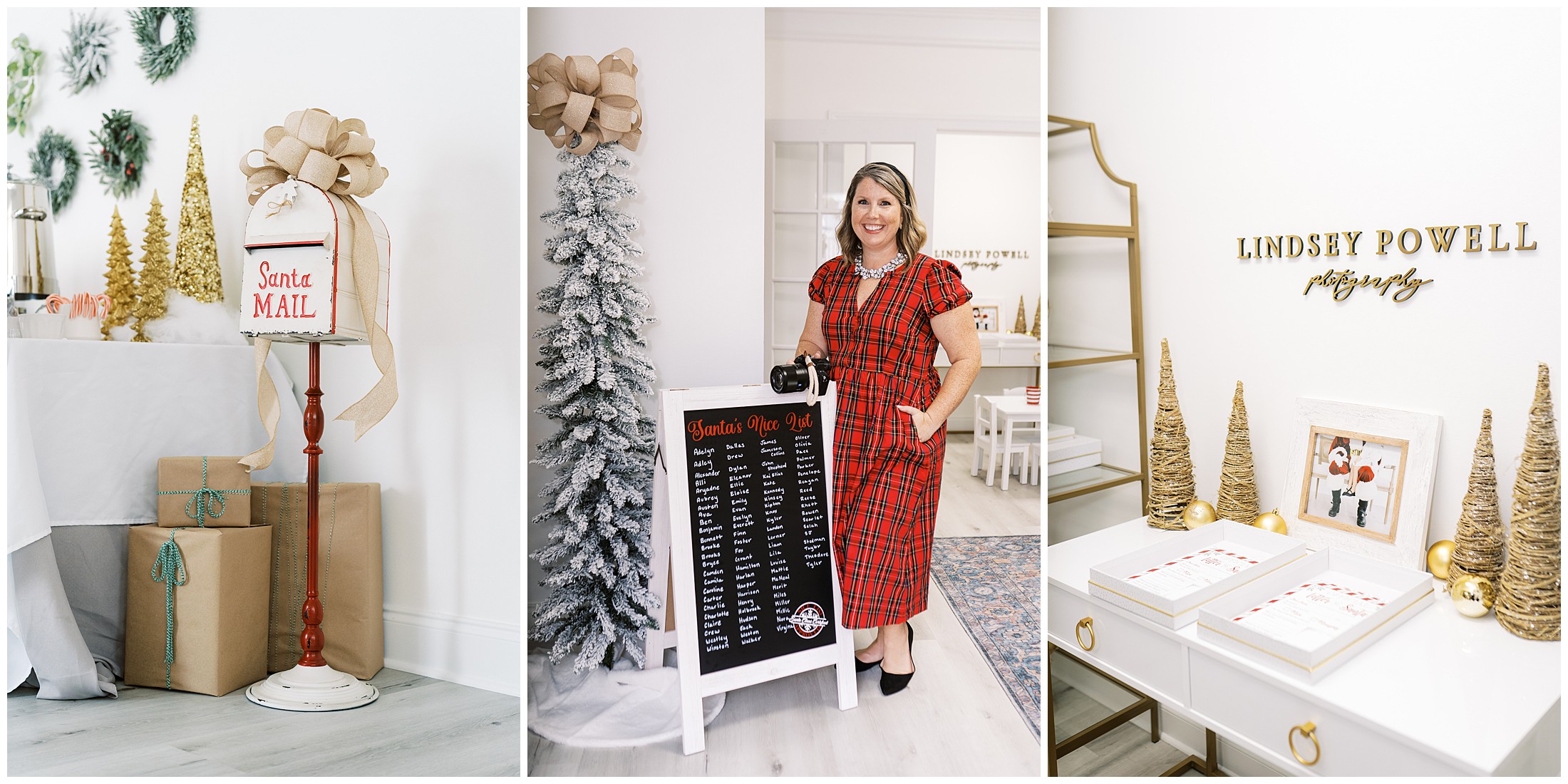 Three photos show photographer Lindsey Powell in her photography studio that is decorated for Marietta Santa Photos.