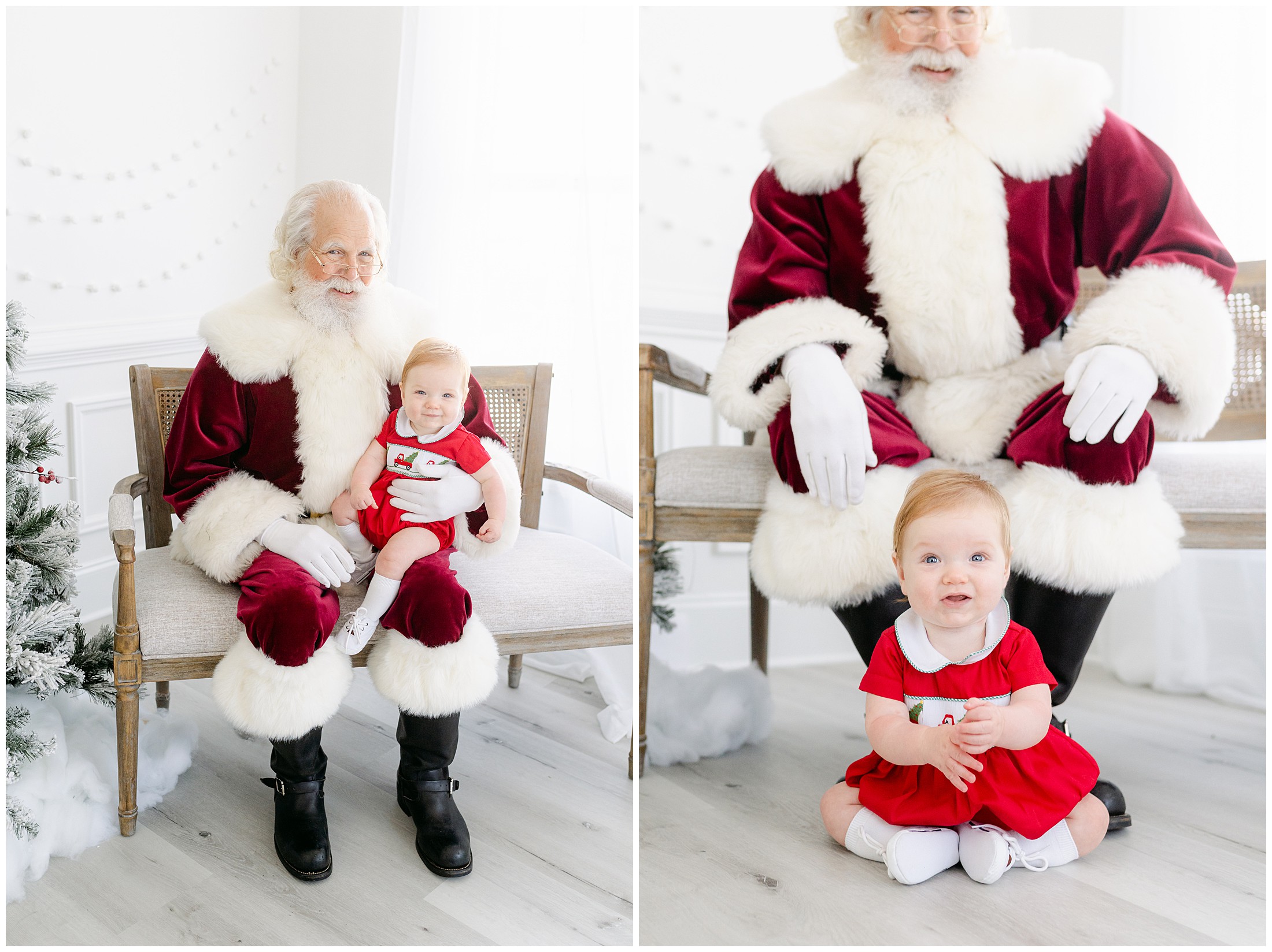 Two photos of a baby smiling while sitting in front of Santa's boots on on his lap.