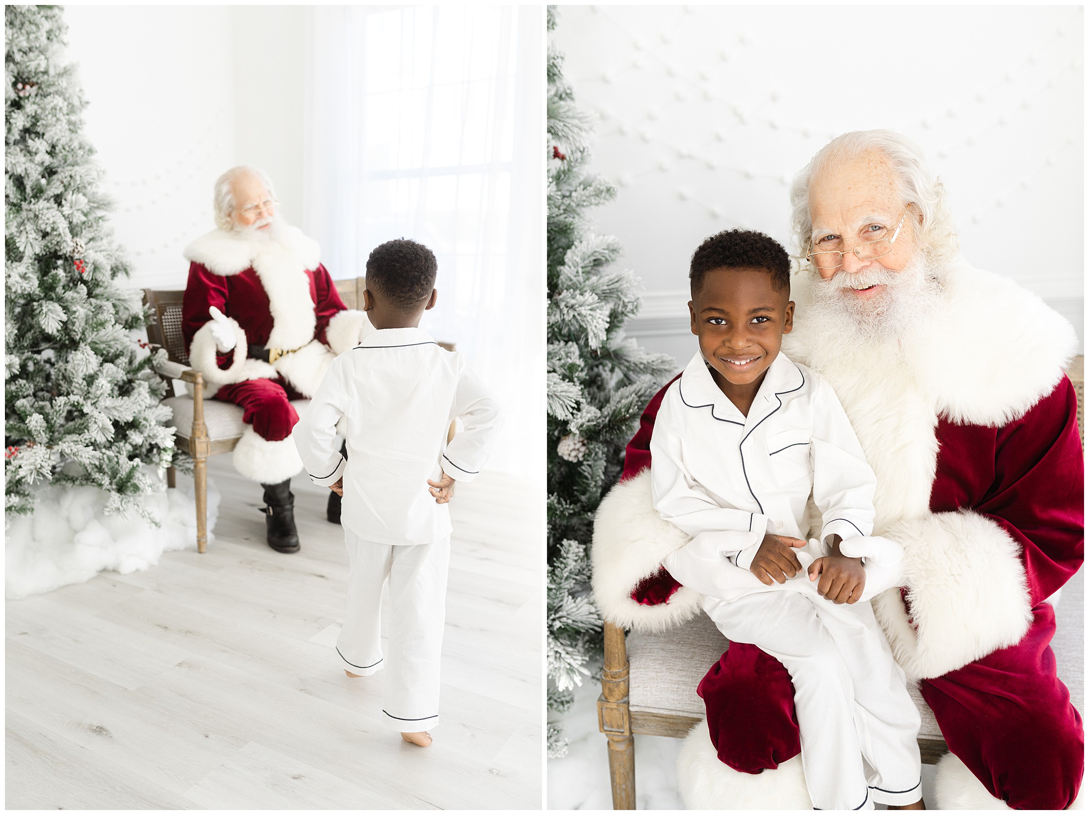 Two images of a young boy walking up to Santa and sitting in Santa's lap smiling for a Marietta Santa photo.