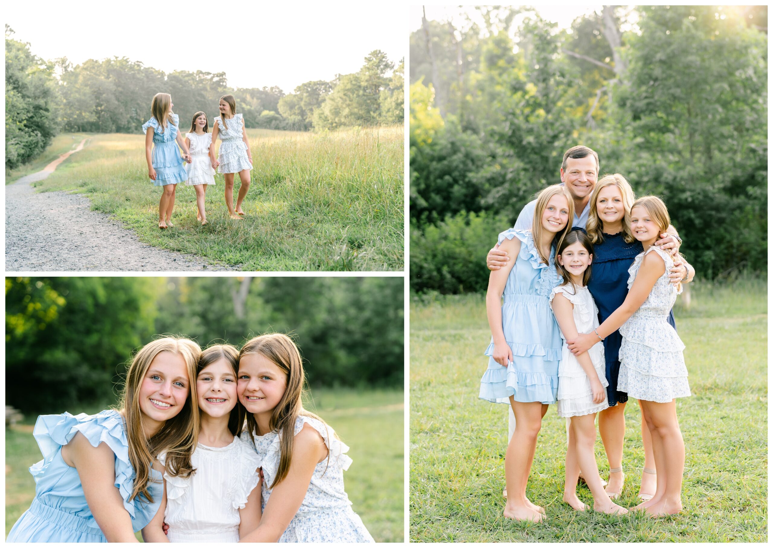 Three photos in a collage of a family with three daughters posing for portraits in a field by photographer in Atlanta Lindsey Powell.
