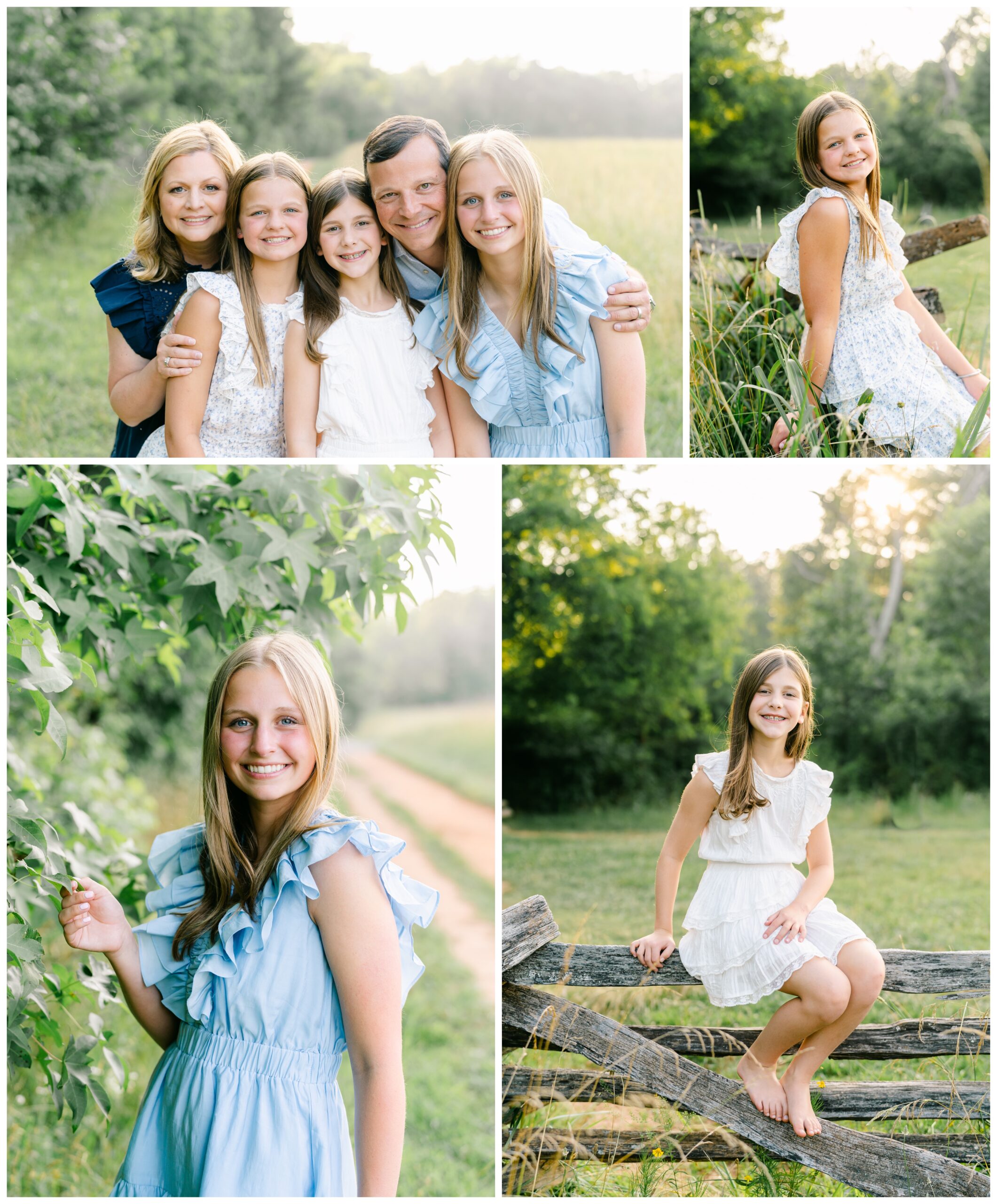 Portraits of a family posing in a field of green grass.