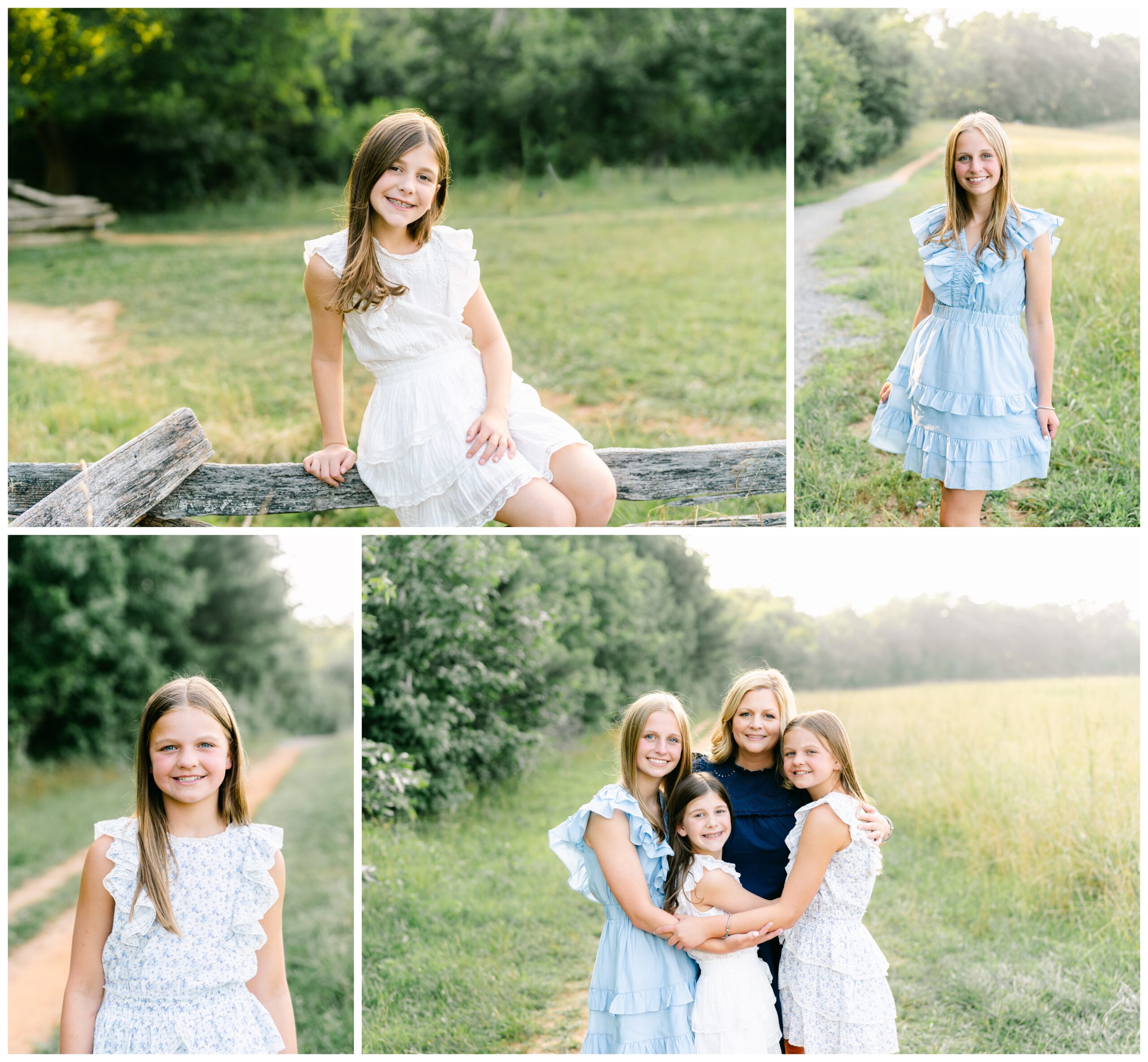 Professional portraits of three sisters in a rustic green field.