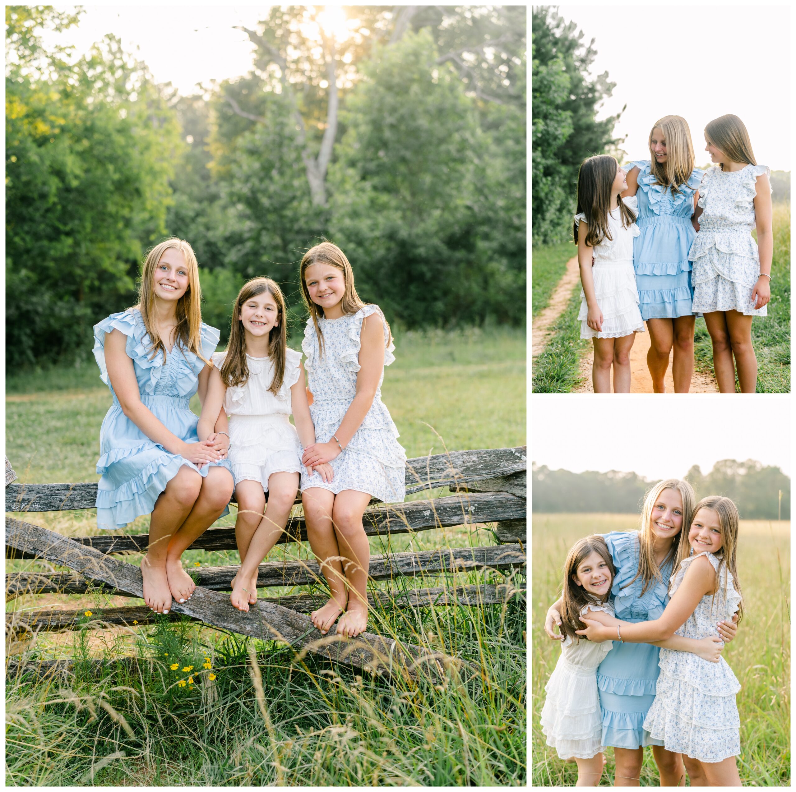 Photos of three sisters posing in a field and on a wooden fence.