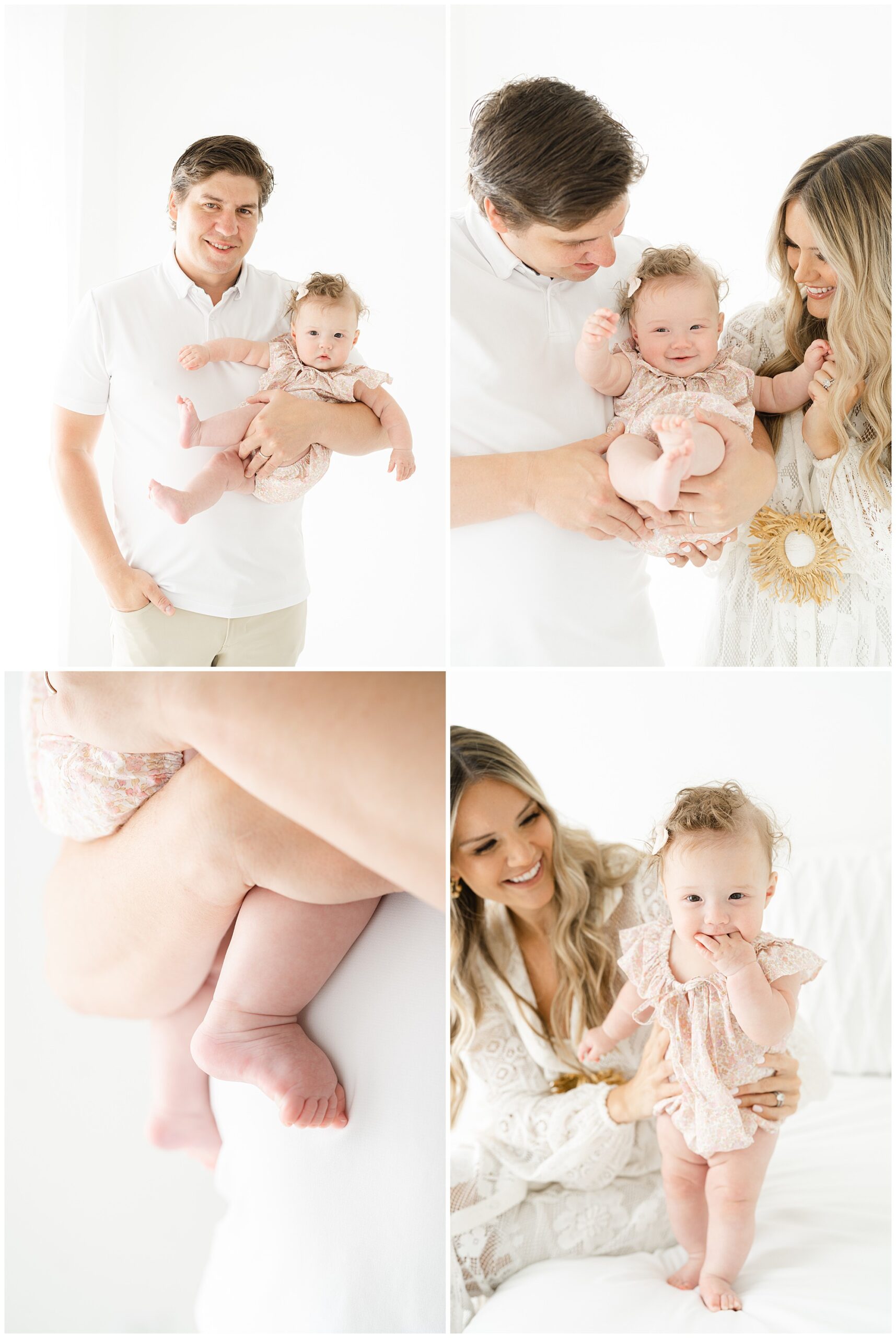 Four photos of a six month old baby with her parents posing for portraits in a white studio for an Atlanta baby photographer.
