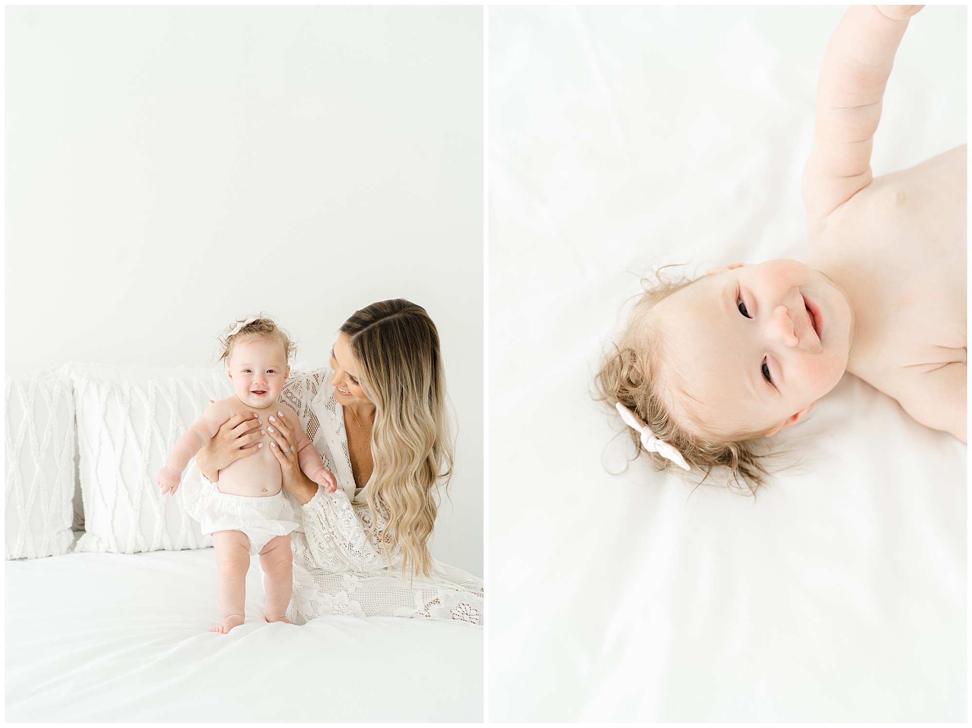 Two photos of a six month old baby with her mom posing for portraits in a white studio for an Atlanta baby photographer.