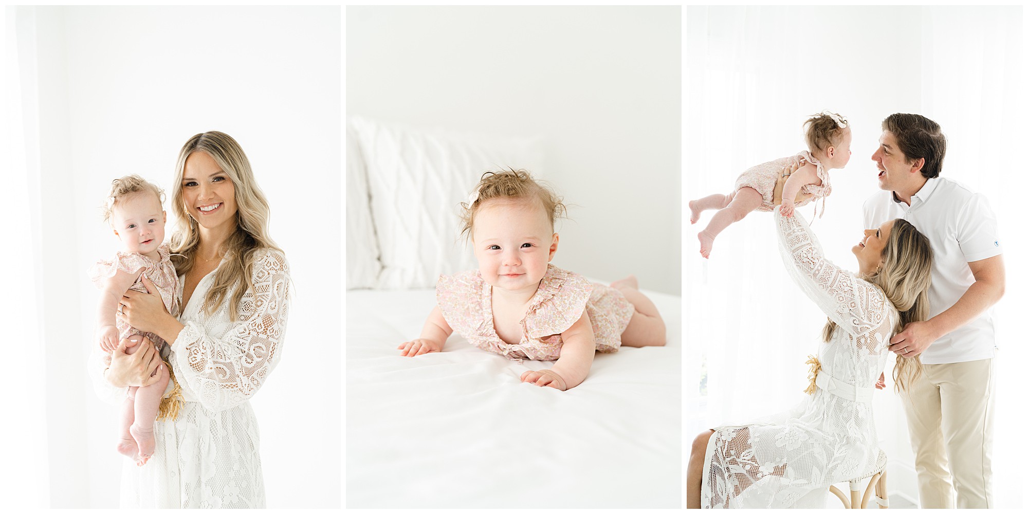 Photos of a six month old baby with her parents posing for portraits in a white studio for an Atlanta baby photographer.