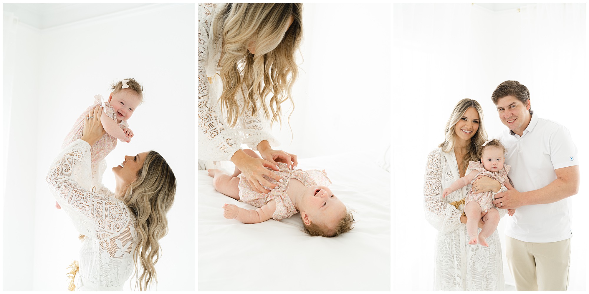 Three photos of a six month old baby with her parents posing for portraits in a white studio for an Atlanta baby photographer.