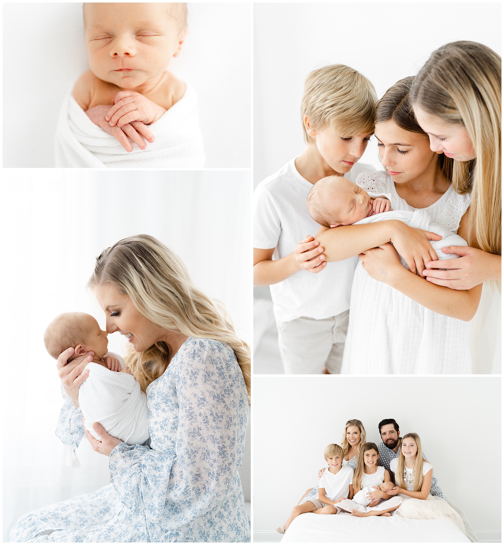 Image collage of a family with three older children and a newborn baby during a photo session with Atlanta newborn photographer Lindsey Powell.