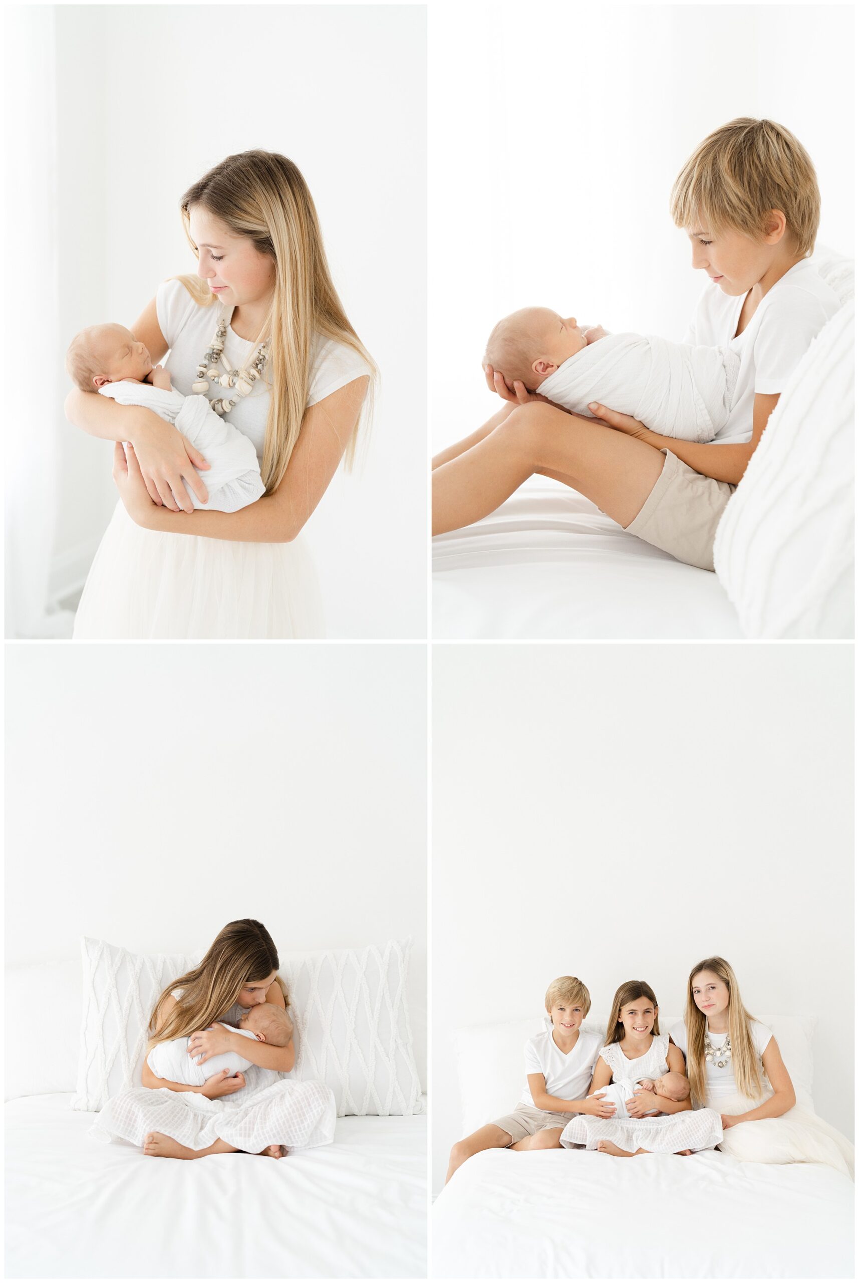 Image collage of a family with three older children and a newborn baby during a photo session with Atlanta newborn photographer Lindsey Powell.