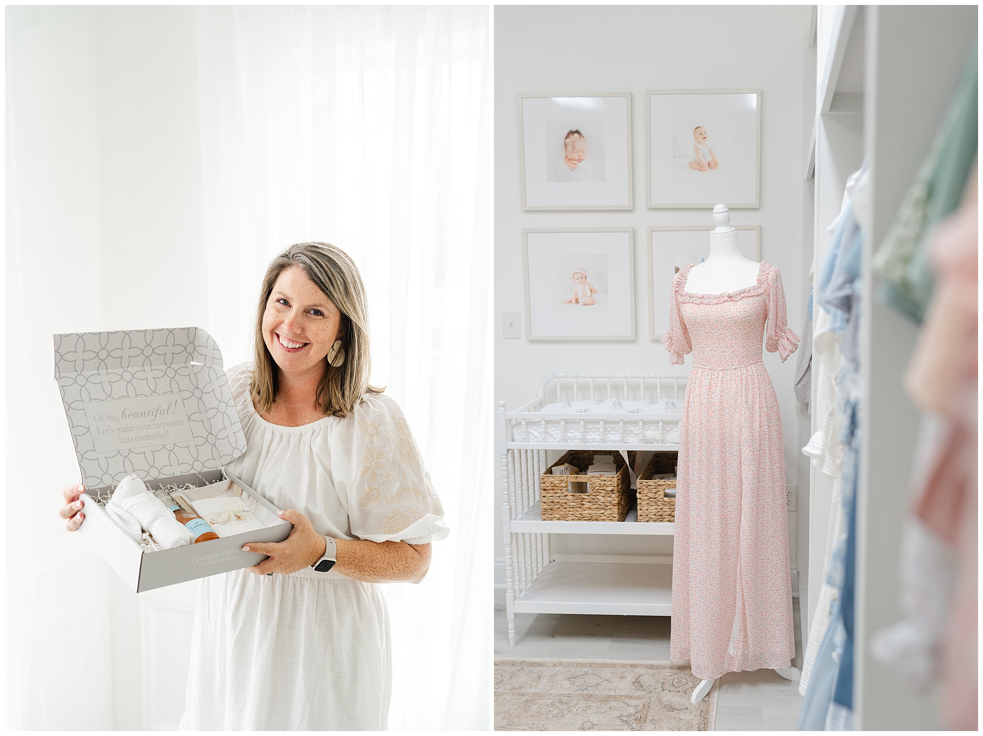 Photos of Atlanta newborn photography studio includes a dress on a white manequin and photographer Lindsey Powell holding a welcome box with gifts.