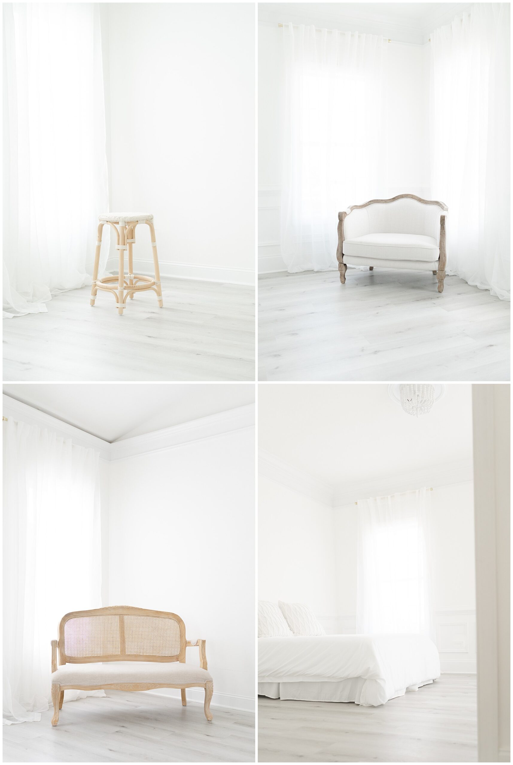 Four photos of studio props in a white studio.