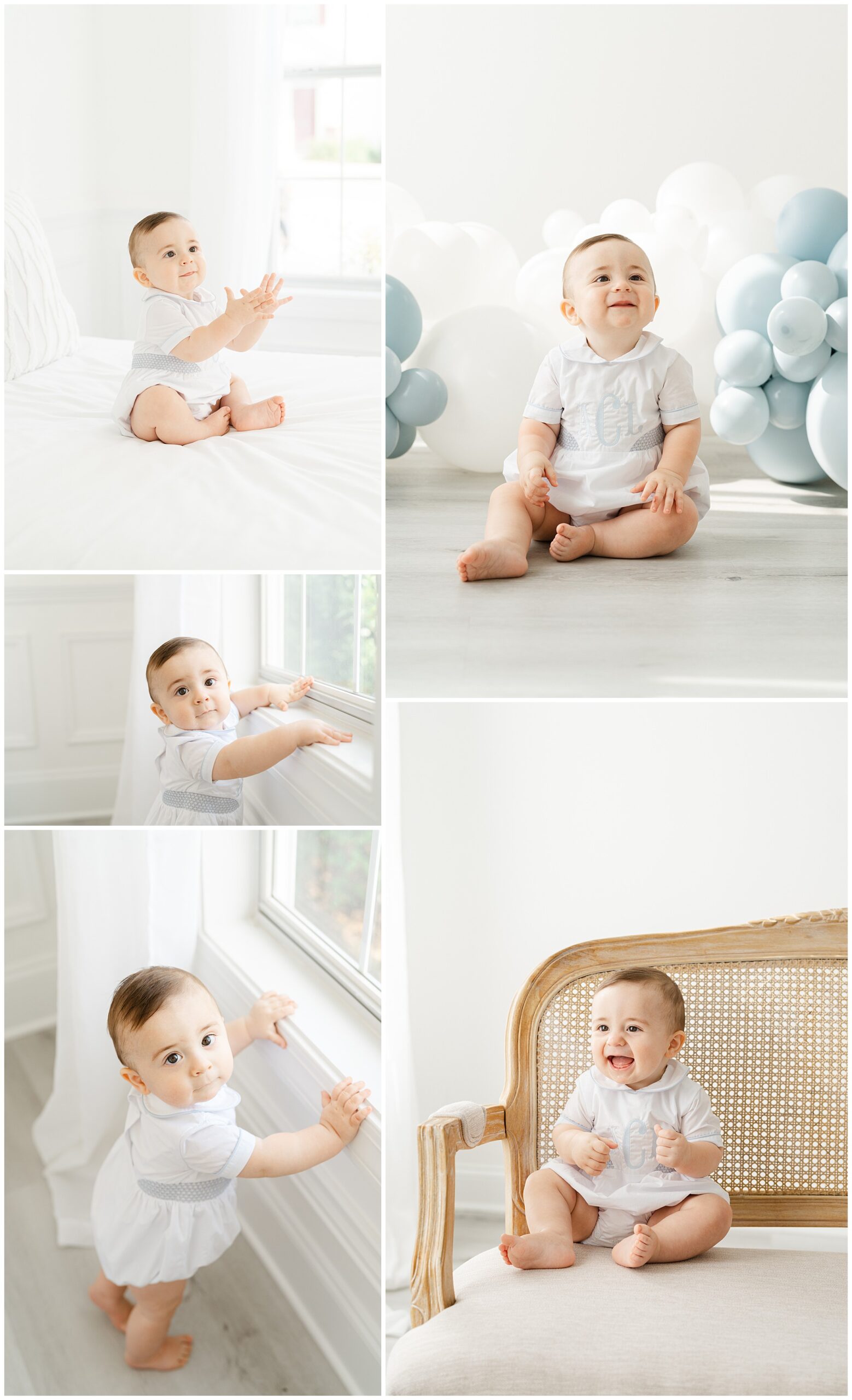 Portraits of a one year old boy in a white bubble with a monogram for his Atlanta First birthday photos.