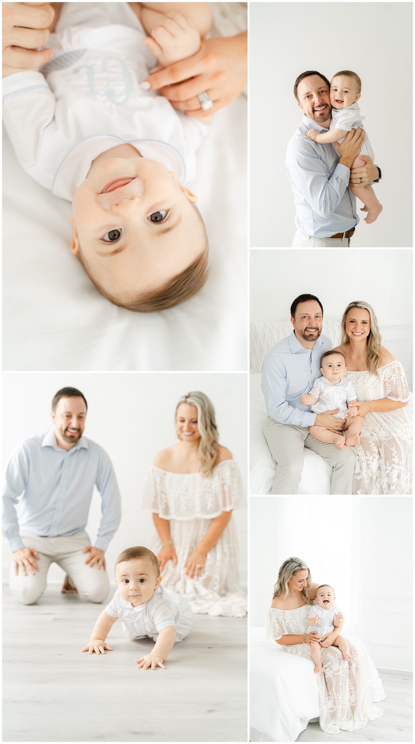 Portraits of a father and mother with their one year old for Atlanta first birthday photos in an all white studio.