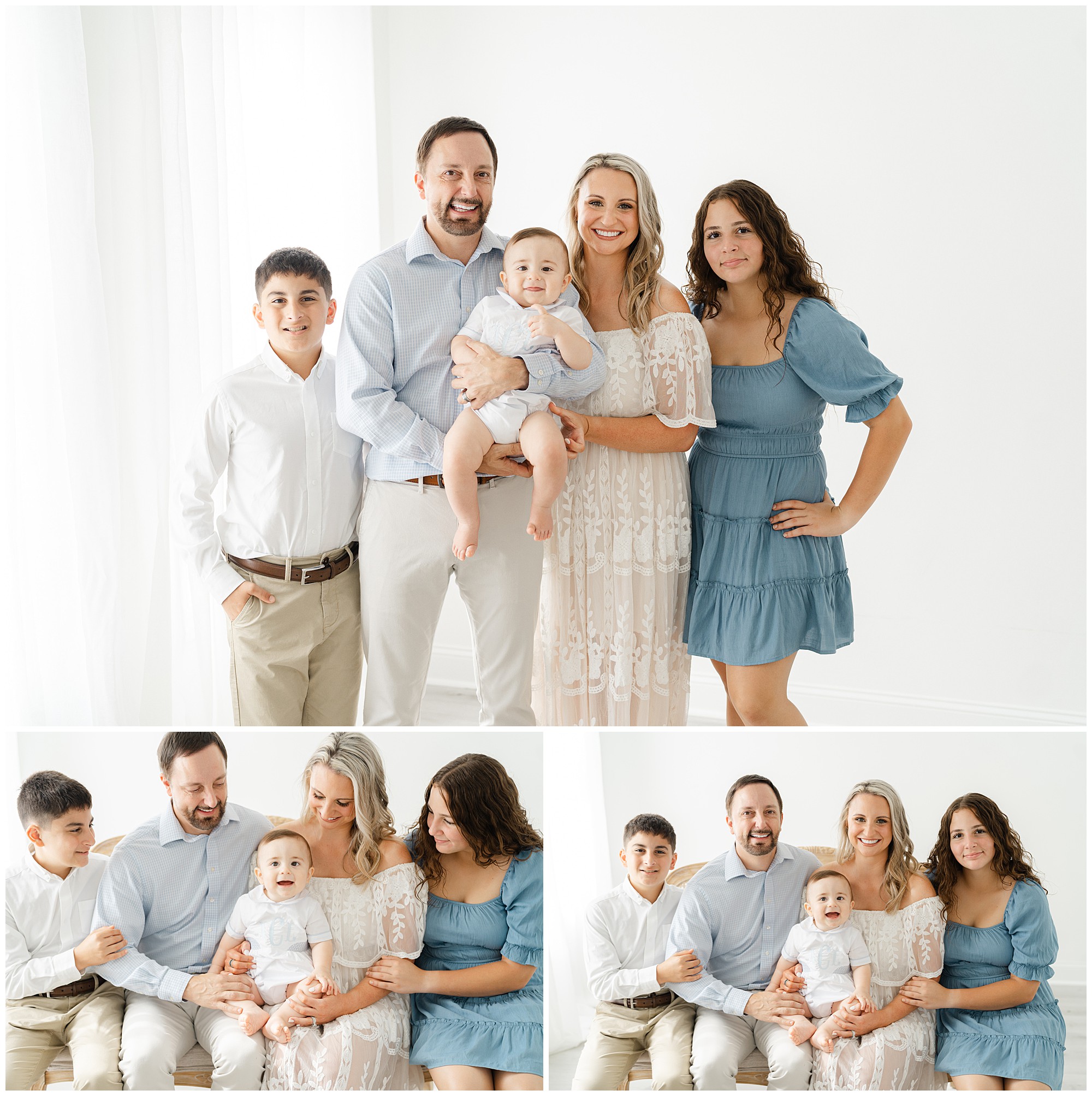 Three images of parents with their daughter and two sons in an all white studio.