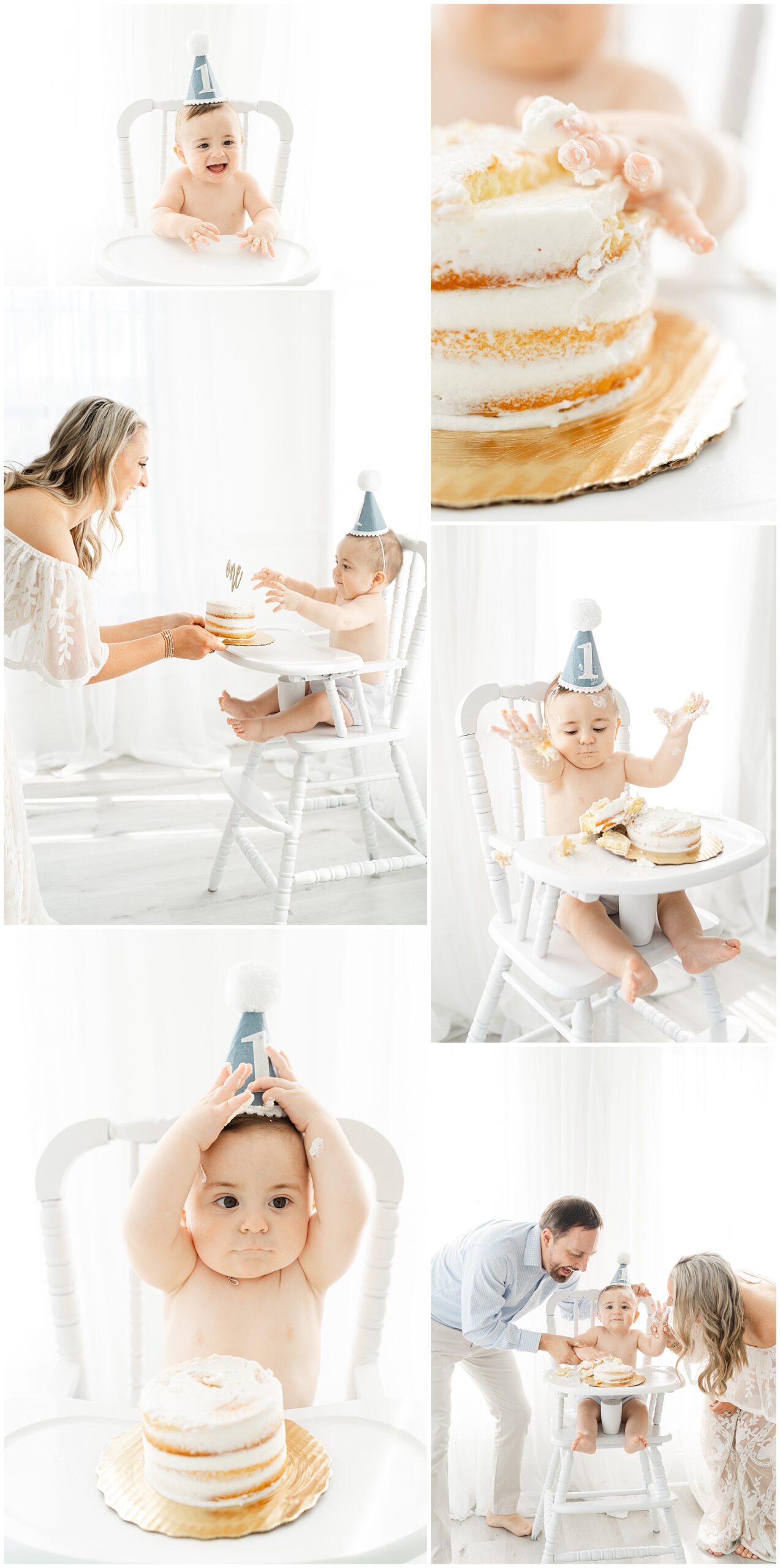 A collage of images of a baby boy in a white vintage high chair eating cake for his Atlanta first birthday photos.