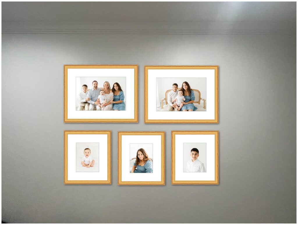 A gallery wall design of 5 frames designed with photos by Lindsey Powell Photography.