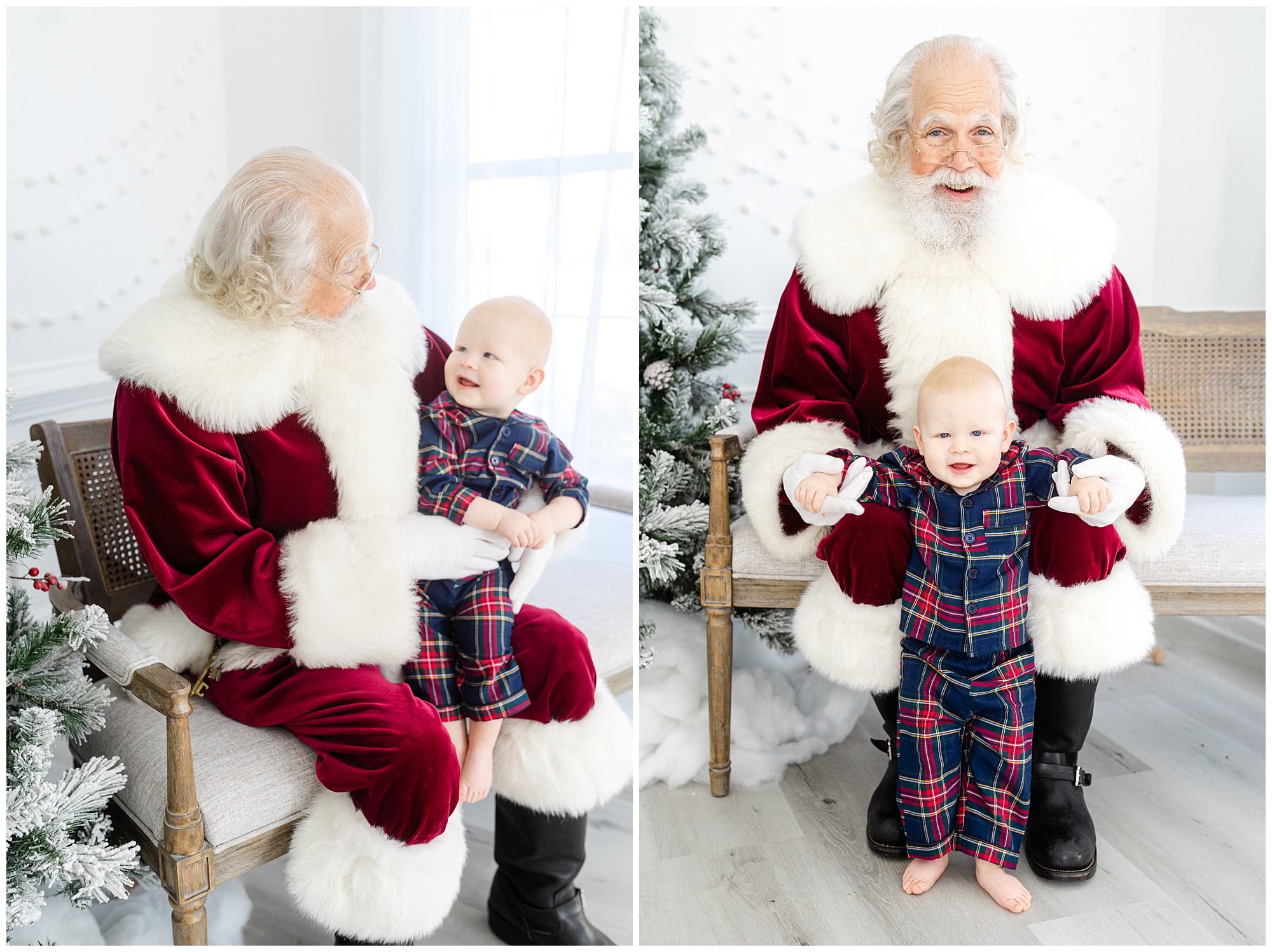 Atlanta Santa photo session of Santa holding a one year old in plaid pajamas.