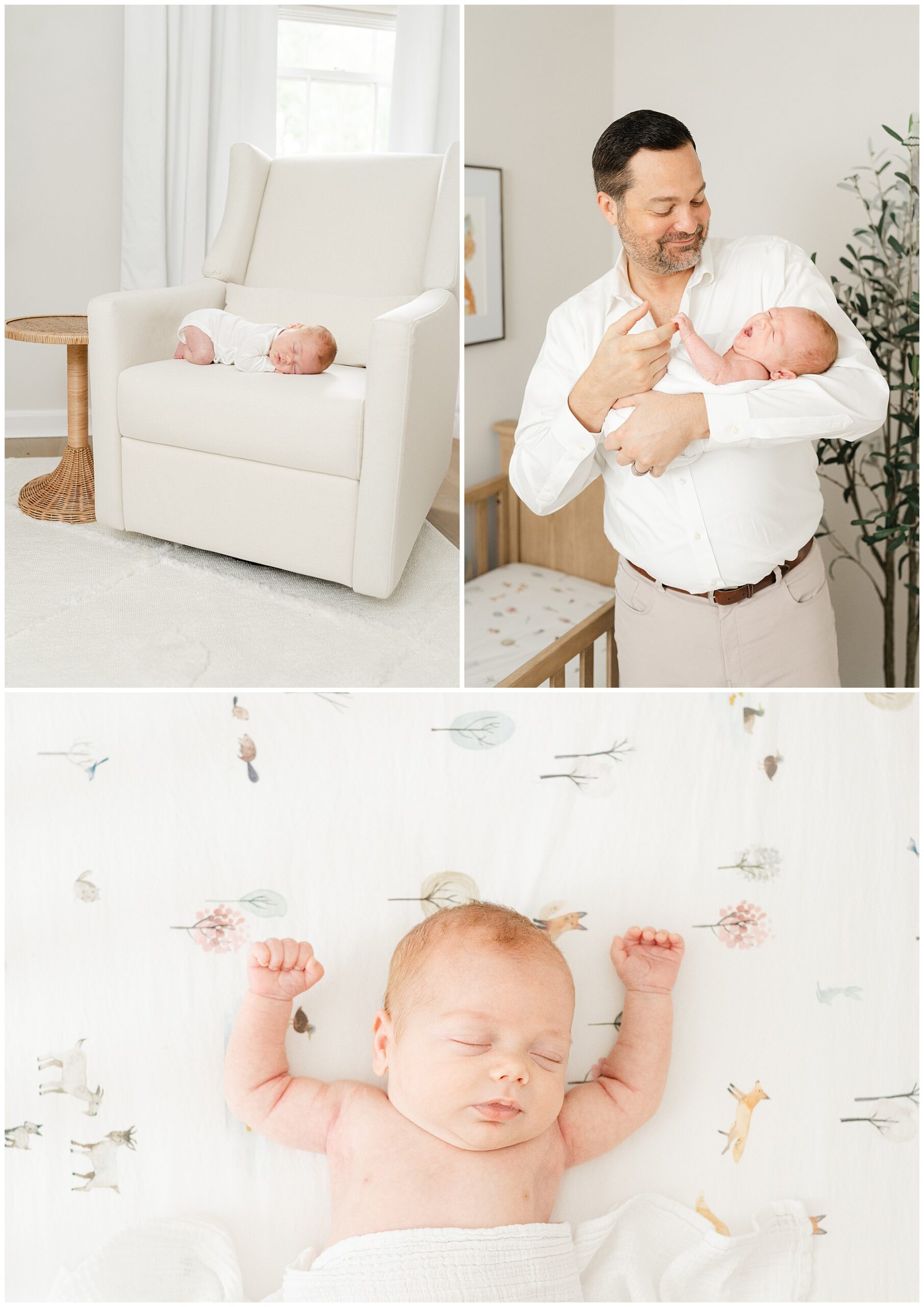 Portraits of a newborn baby boy and his parents in their neutral nursery during and Atlanta in home newborn session.