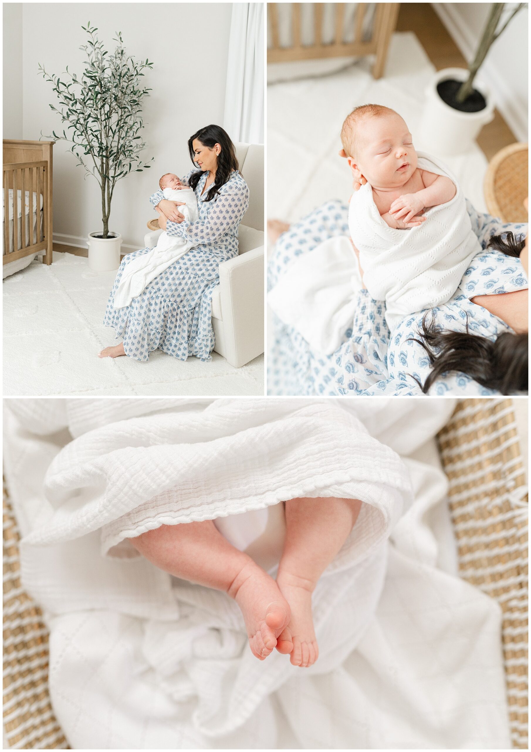 A neutral nursery serves as a backdrop for portraits of a newborn baby boy and his parents for an Atlanta in home newborn session.
