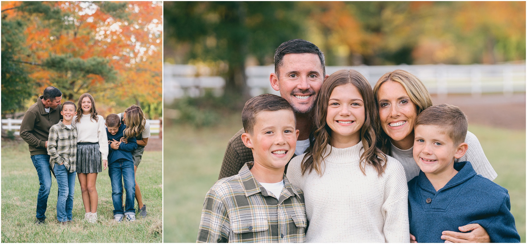 Atlanta fall family photographer takes portraits of a family of five in a green field with a white fence.