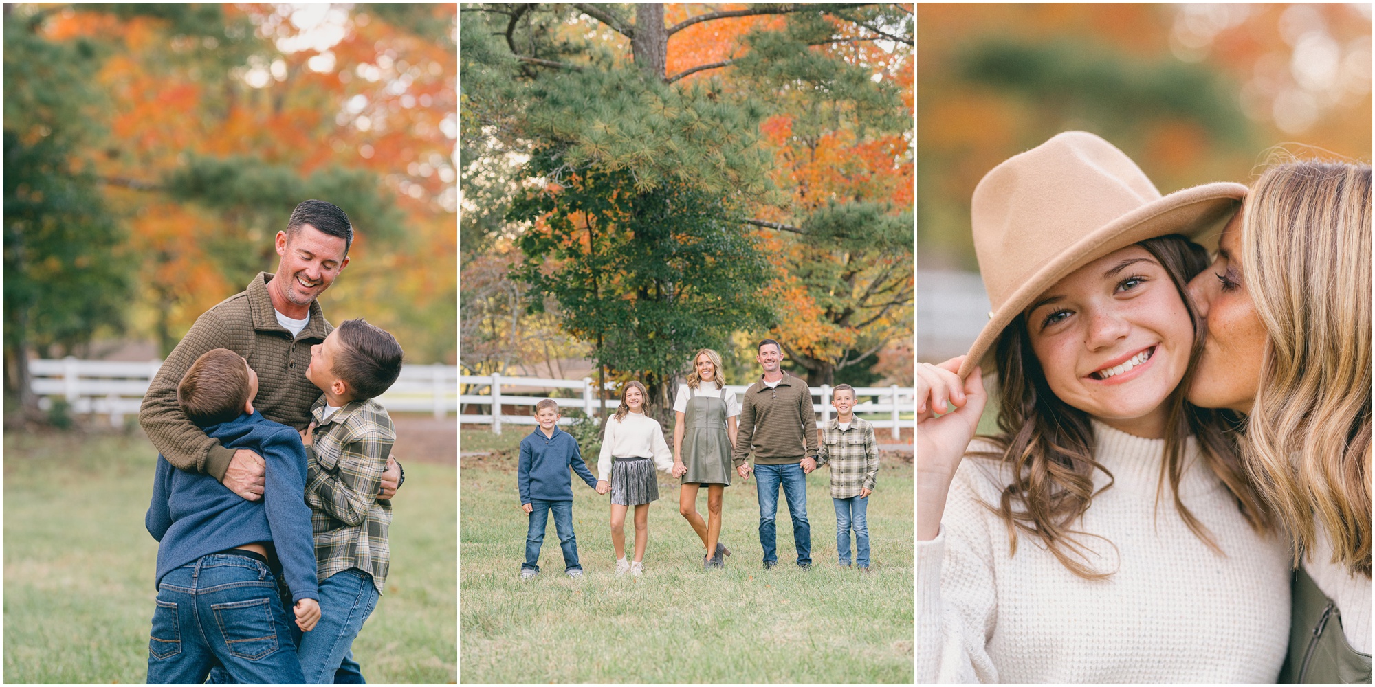 A family of five poses in a green field for Atlanta Fall family photographer to take their photos.