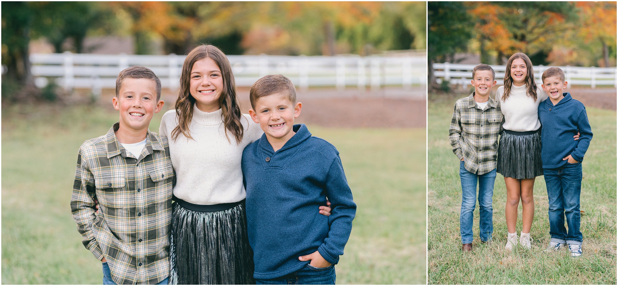 A tween girl poses with her two younger brothers for Fall family photos.