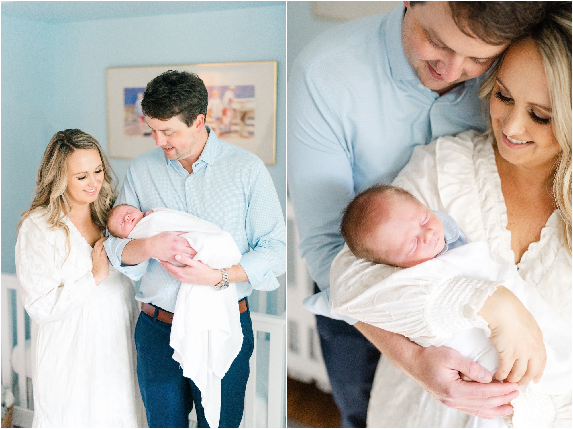 Parents hold their newborn baby boy wrapped in a white blanket in a baby blue nursery during their Atlanta newborn photos at home.