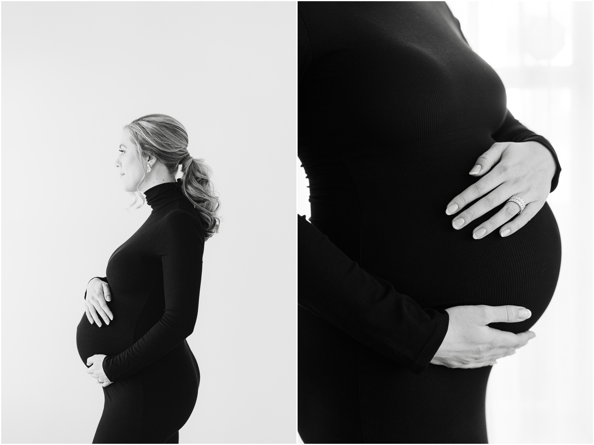 Atlanta maternity photos of a women in a black turtleneck fitted dress cradling her bump in a white studio.