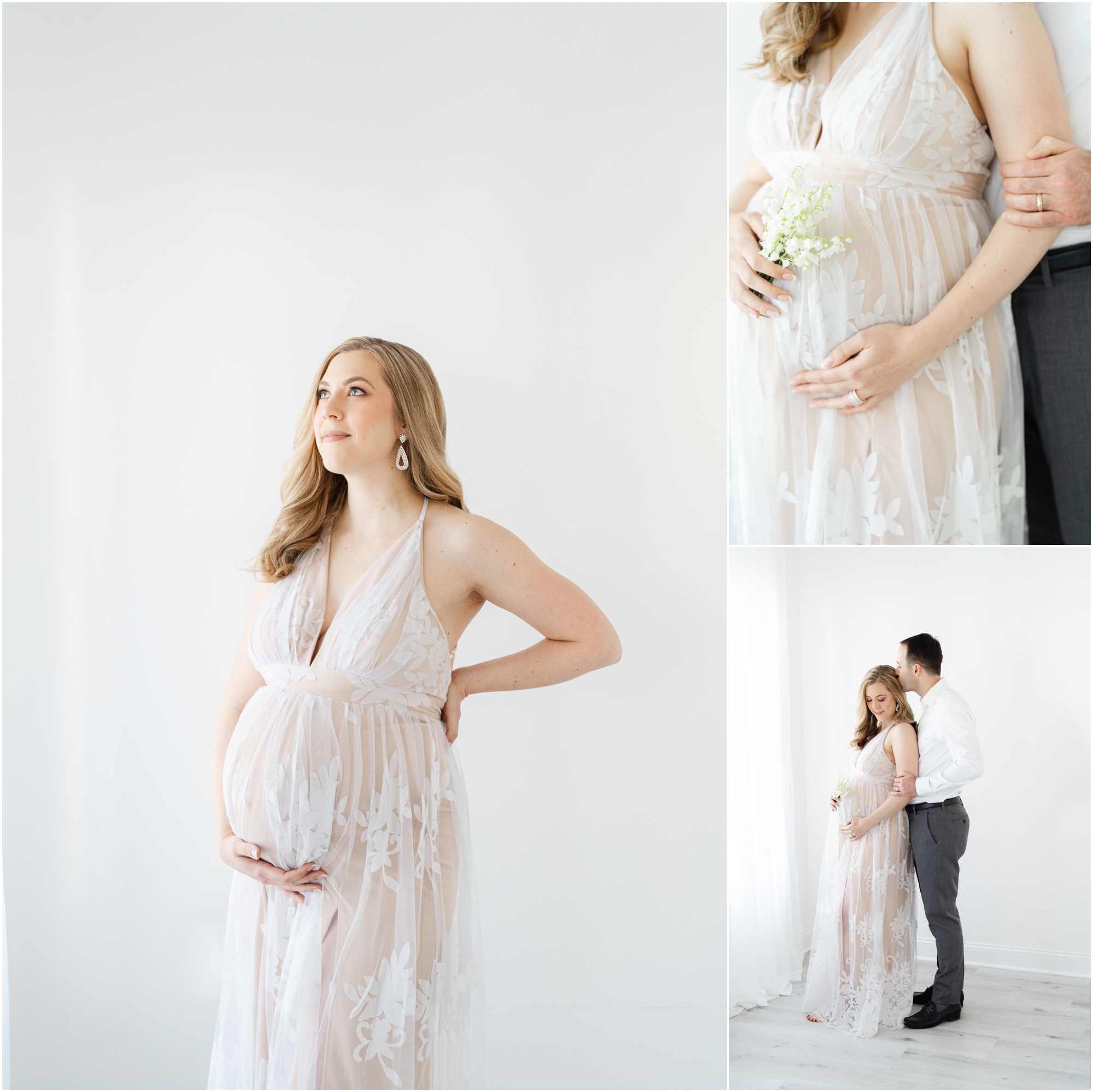 Atlanta maternity portraits of young mother with her husband in an all white Atlanta studio.