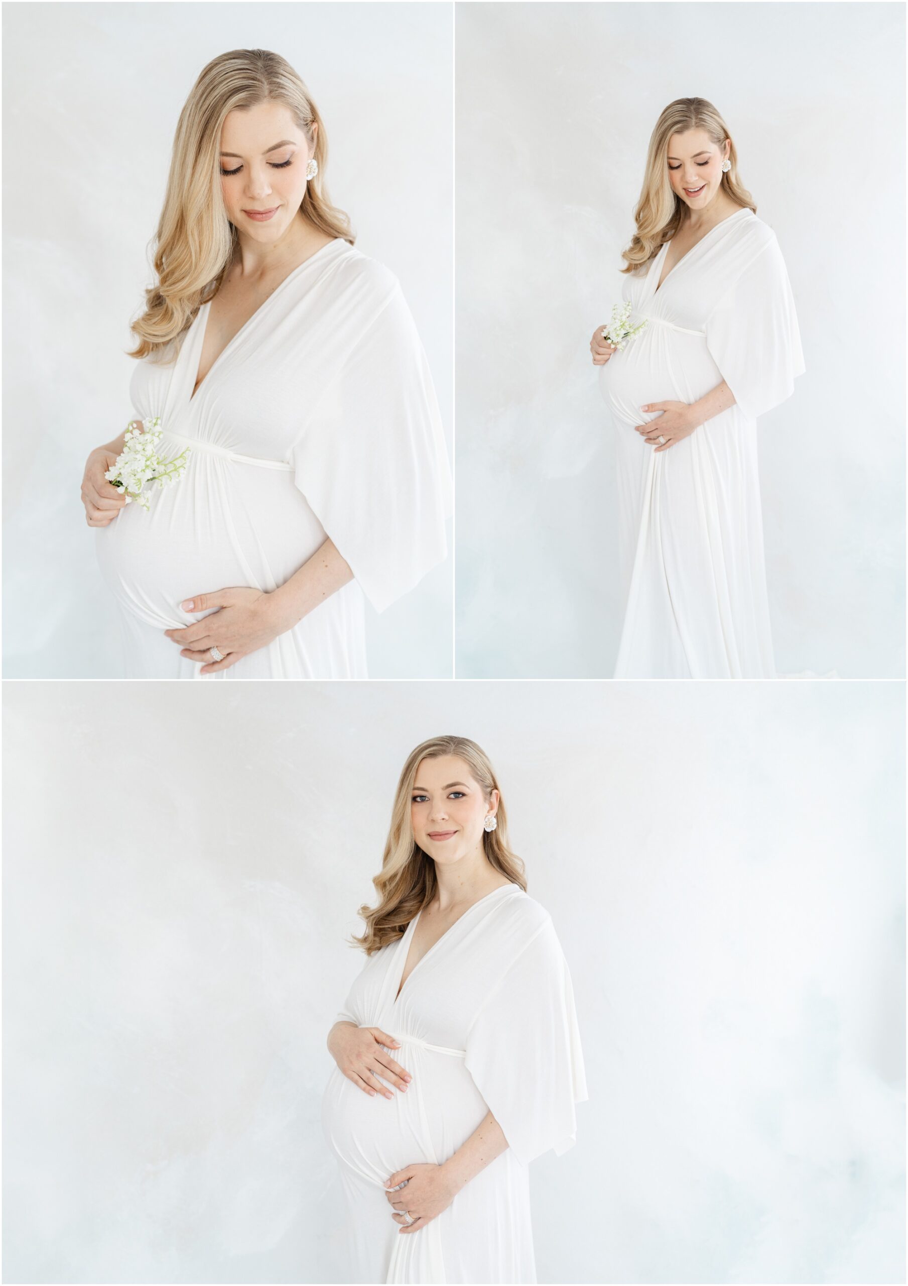 Fine art Atlanta maternity photos of a young expecting mother in a white dress in front of a handpainted soft blue backdrop.